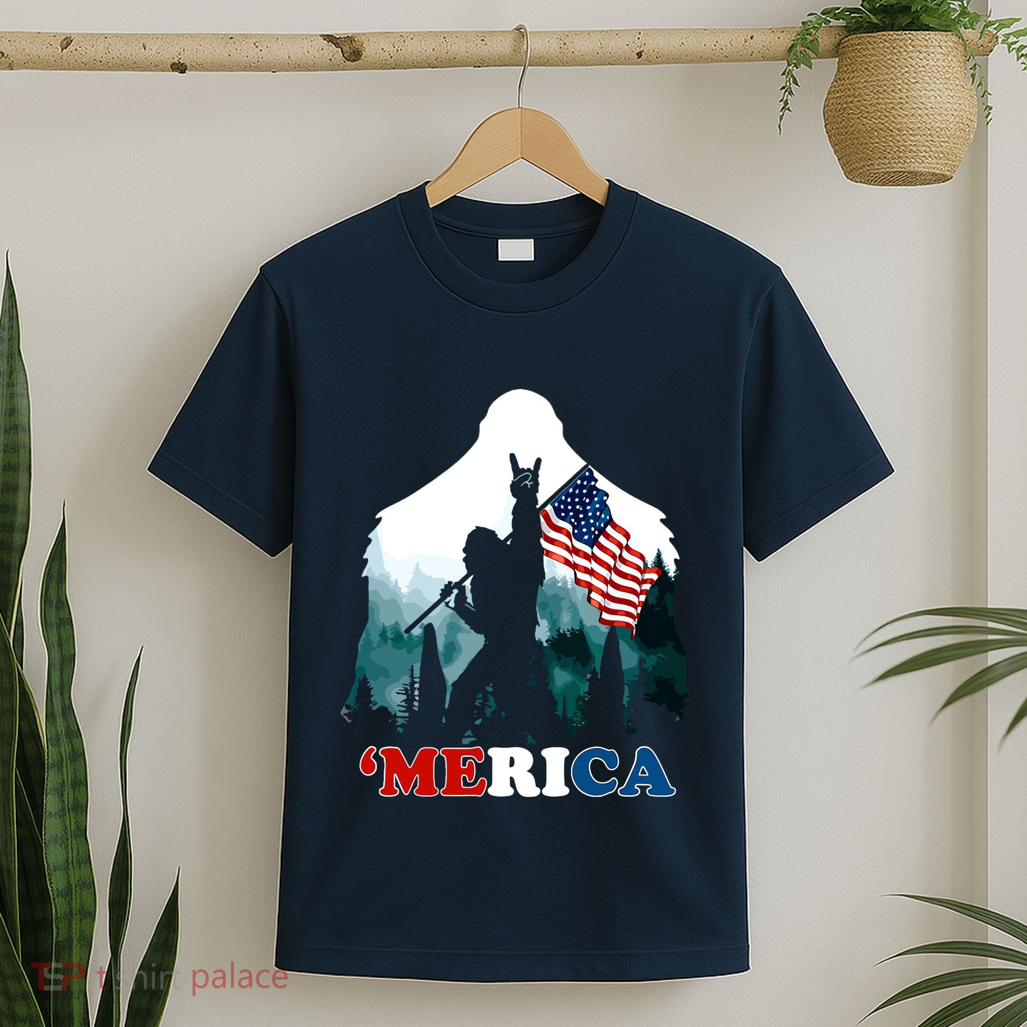 Merica Bigfoot Holding American Flag Usa 4th Of July Bigfoot T-Shirt