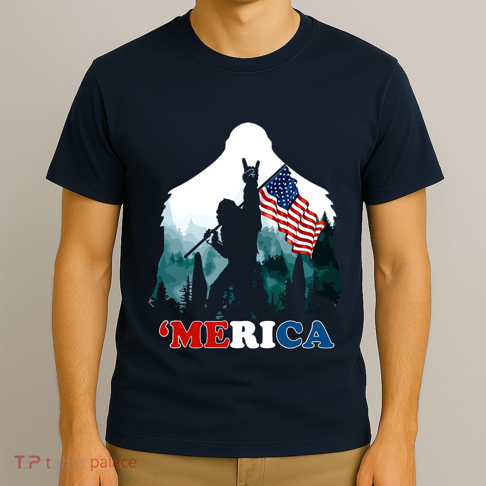 Merica Bigfoot Holding American Flag Usa 4th Of July Bigfoot T-Shirt