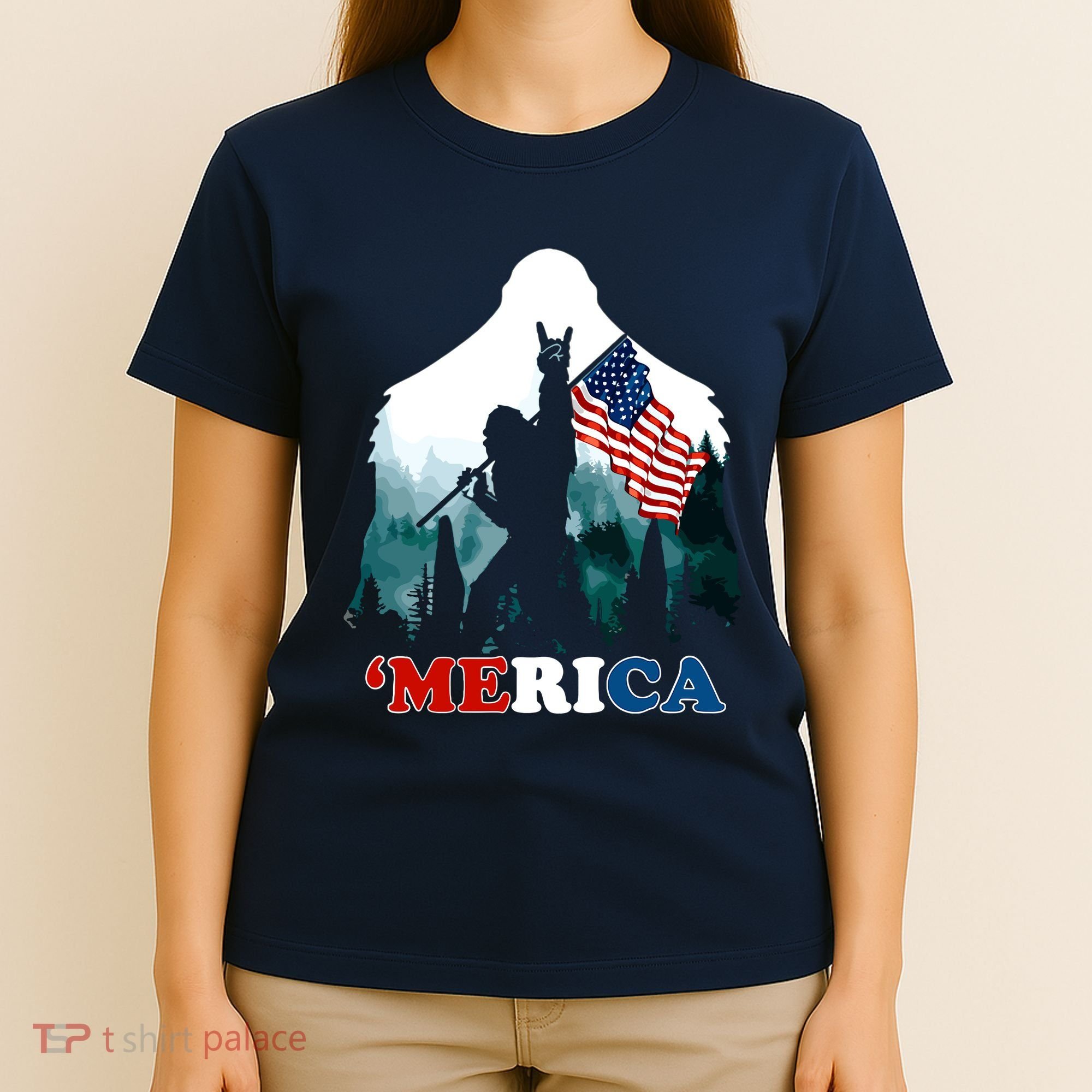 Merica Bigfoot Holding American Flag Usa 4th Of July Bigfoot T-Shirt
