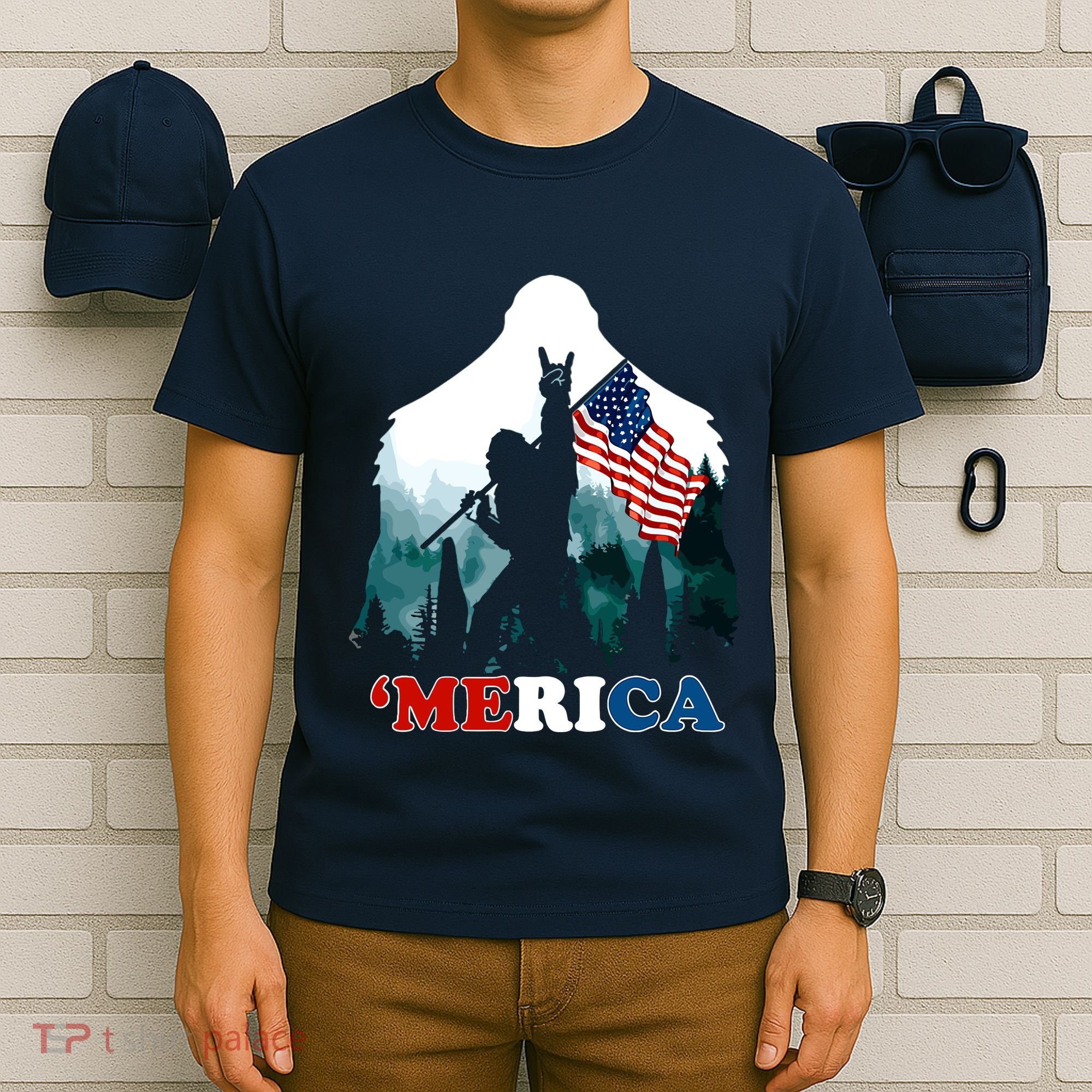 Merica Bigfoot Holding American Flag Usa 4th Of July Bigfoot T-Shirt