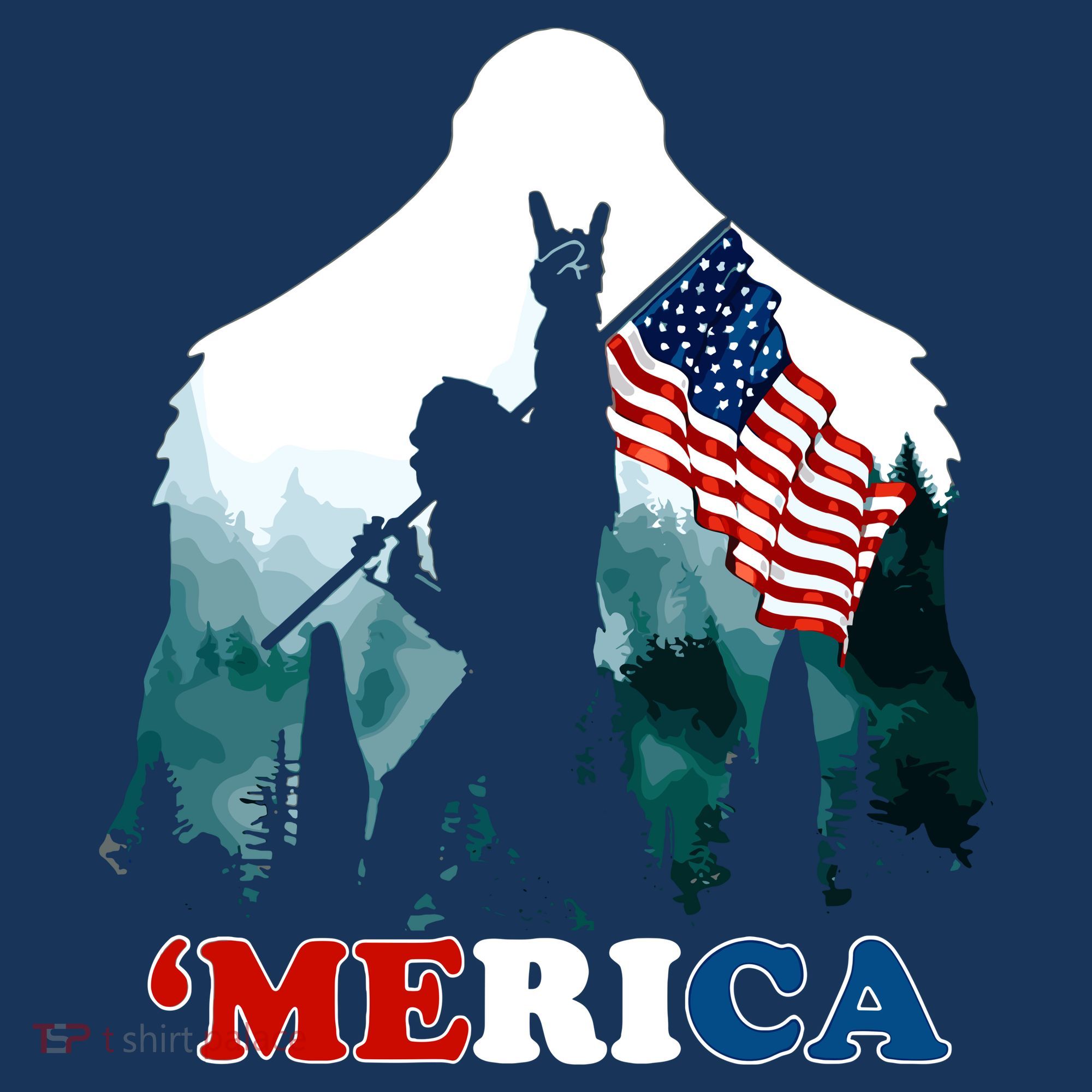 Merica Bigfoot Holding American Flag Usa 4th Of July Bigfoot T-Shirt