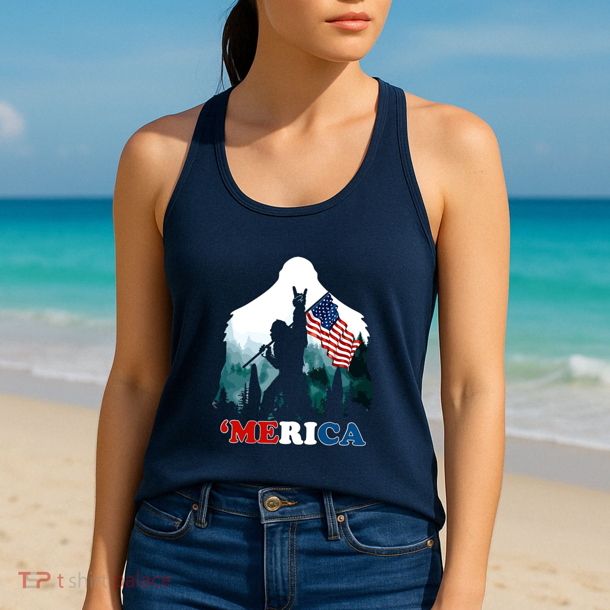 Merica Bigfoot Holding American Flag Usa 4th Of July Bigfoot Women's Tank Top