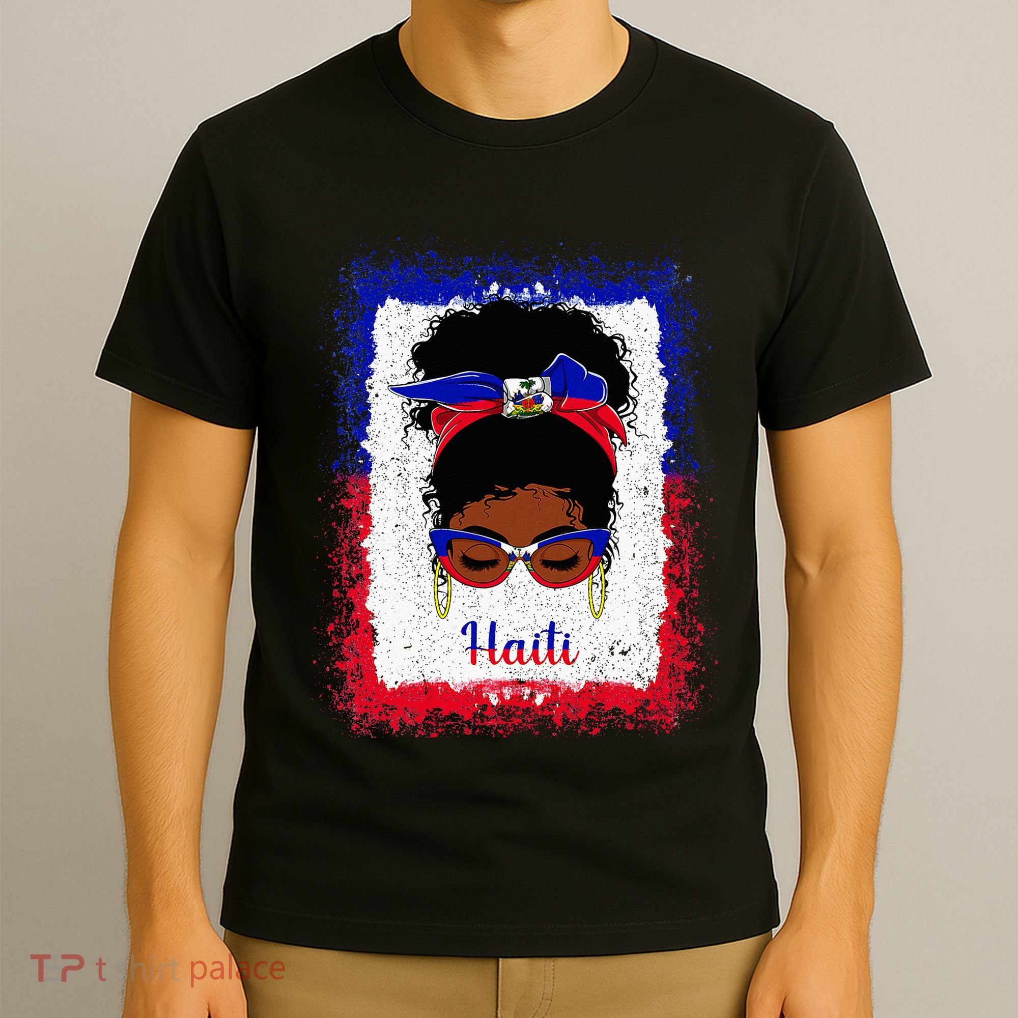 Messy Bun Haitian Haiti Flag Woman Girl T-Shirt