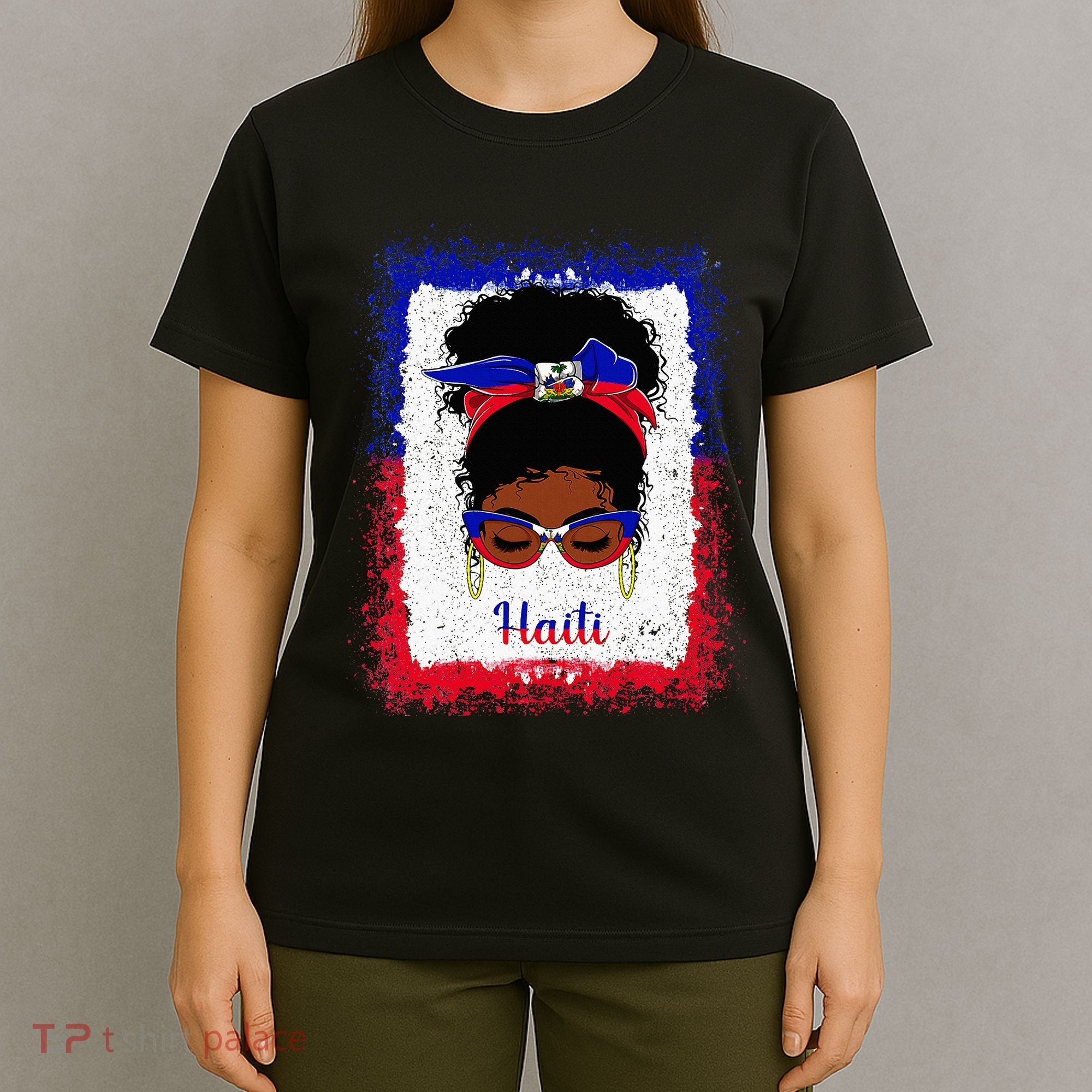 Messy Bun Haitian Haiti Flag Woman Girl T-Shirt