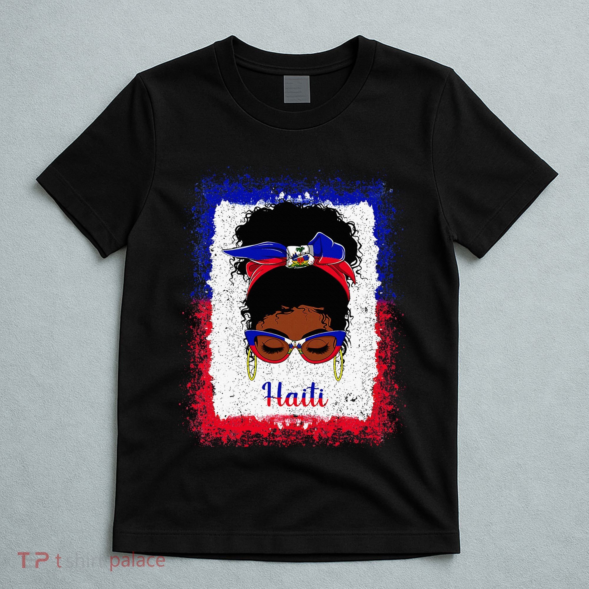 Messy Bun Haitian Haiti Flag Woman Girl T-Shirt