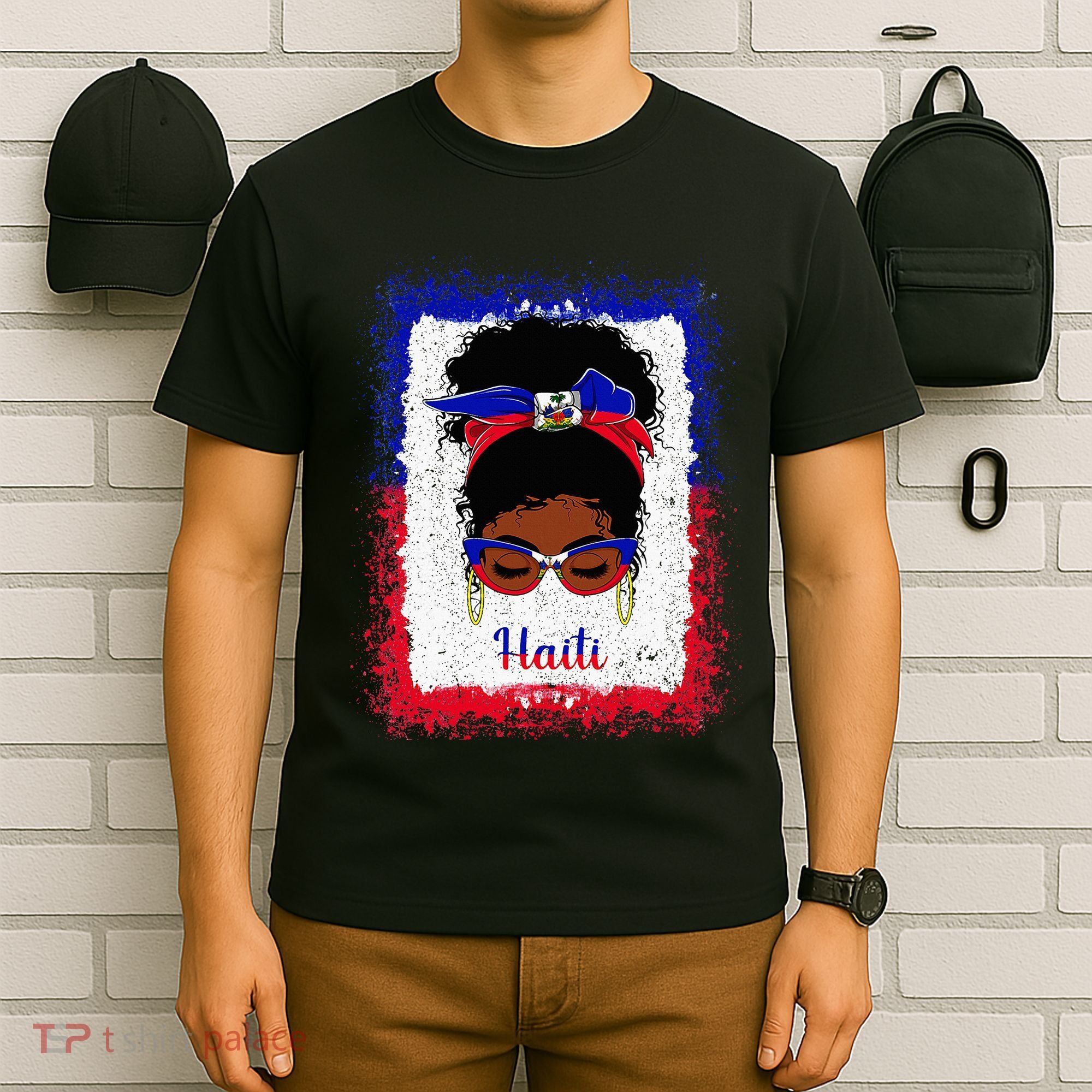 Messy Bun Haitian Haiti Flag Woman Girl T-Shirt