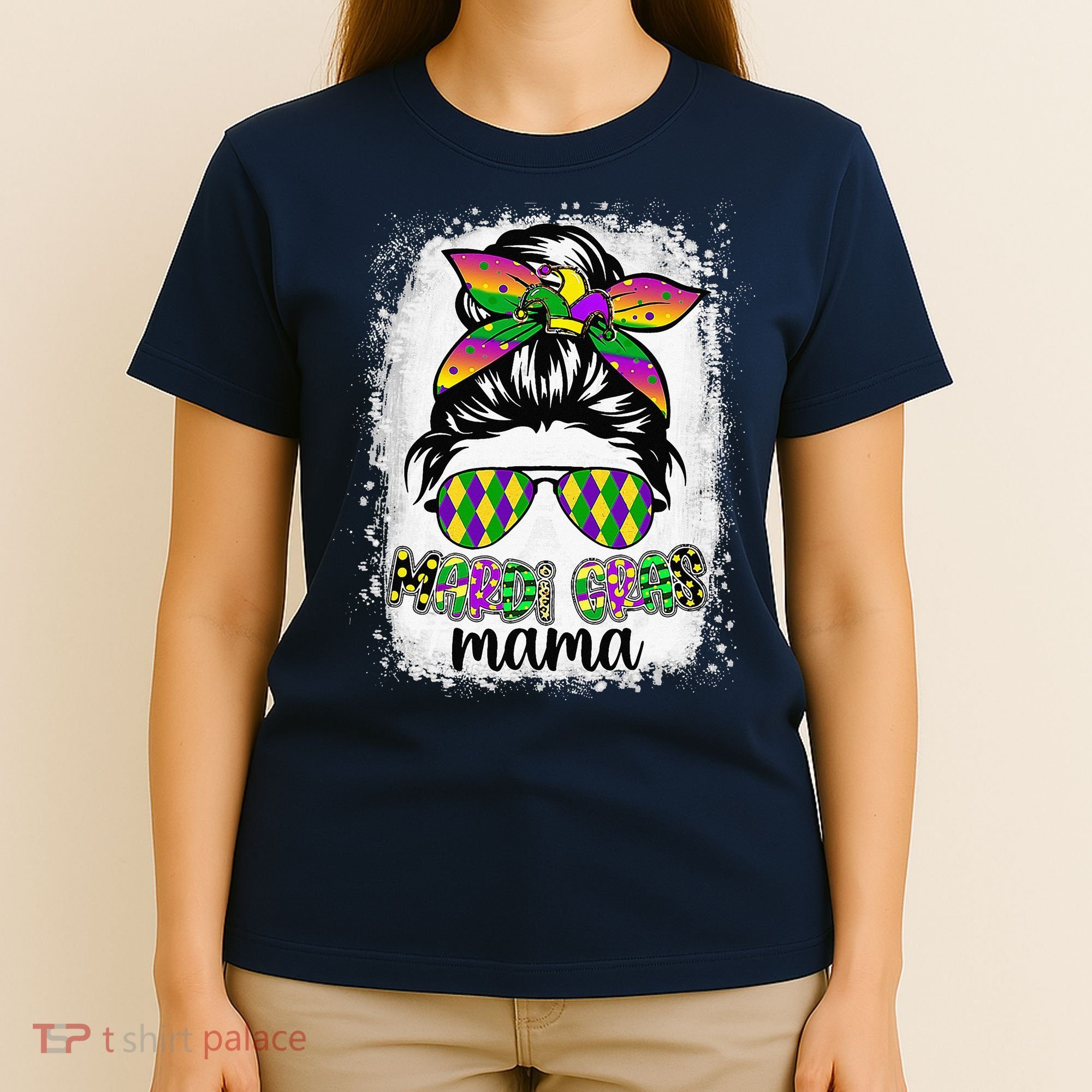 Messy Bun Hair Glasses New Orleans Carnival Mardi Gras Mama T-Shirt