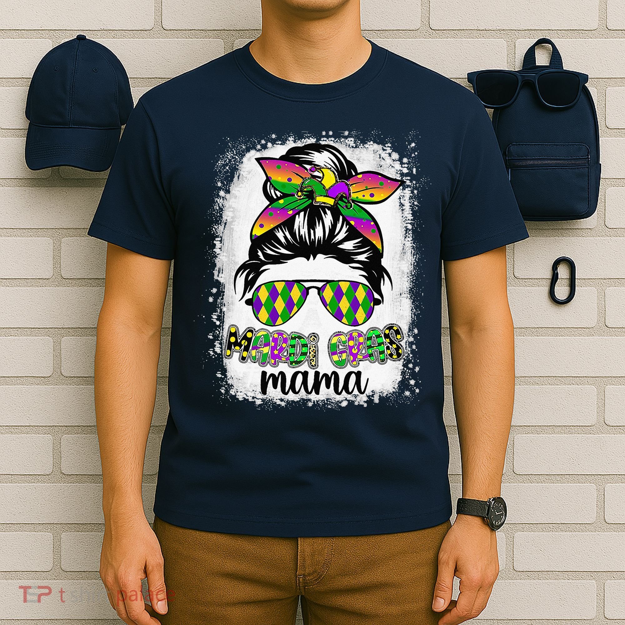 Messy Bun Hair Glasses New Orleans Carnival Mardi Gras Mama T-Shirt