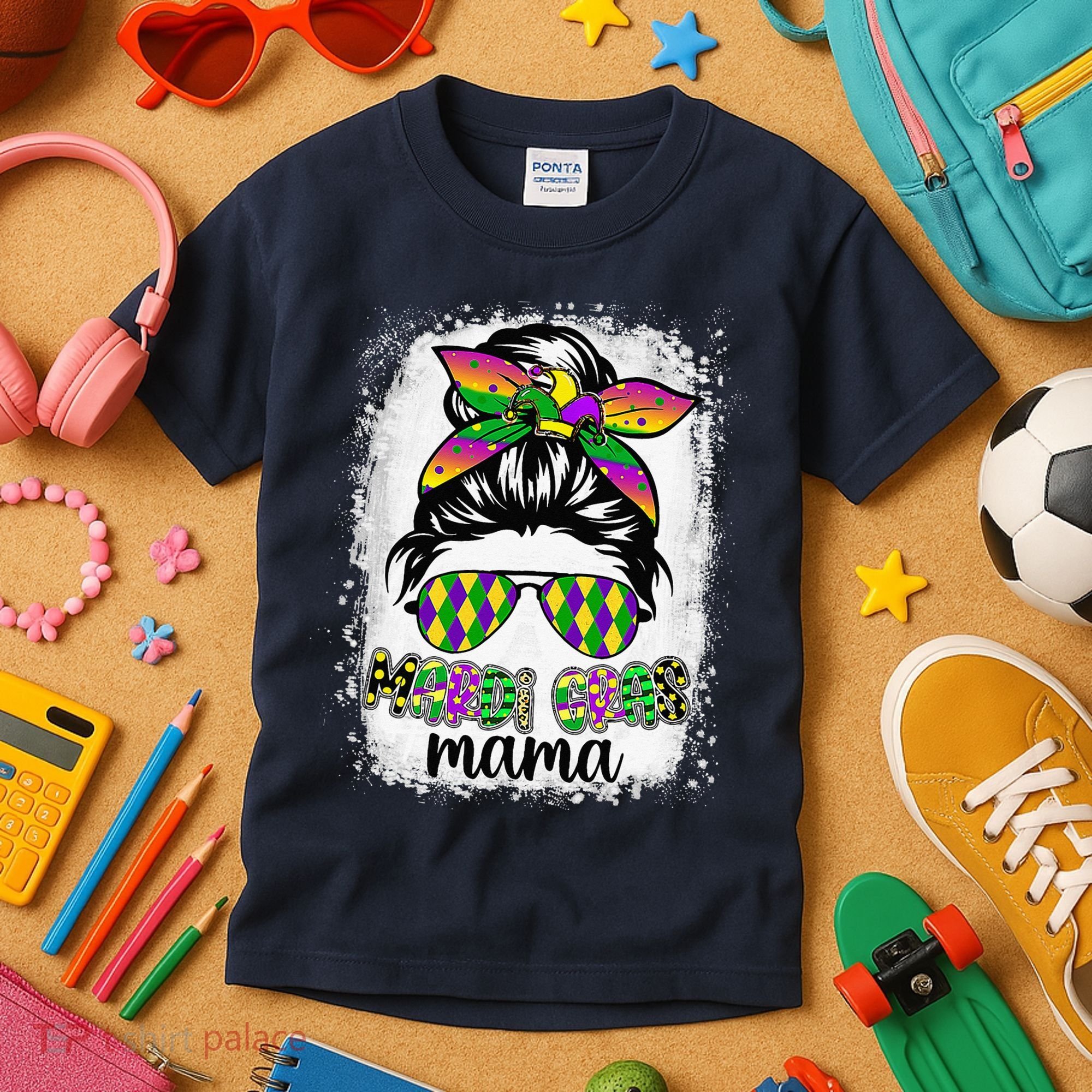 Messy Bun Hair Glasses New Orleans Carnival Mardi Gras Mama Kids T-Shirt