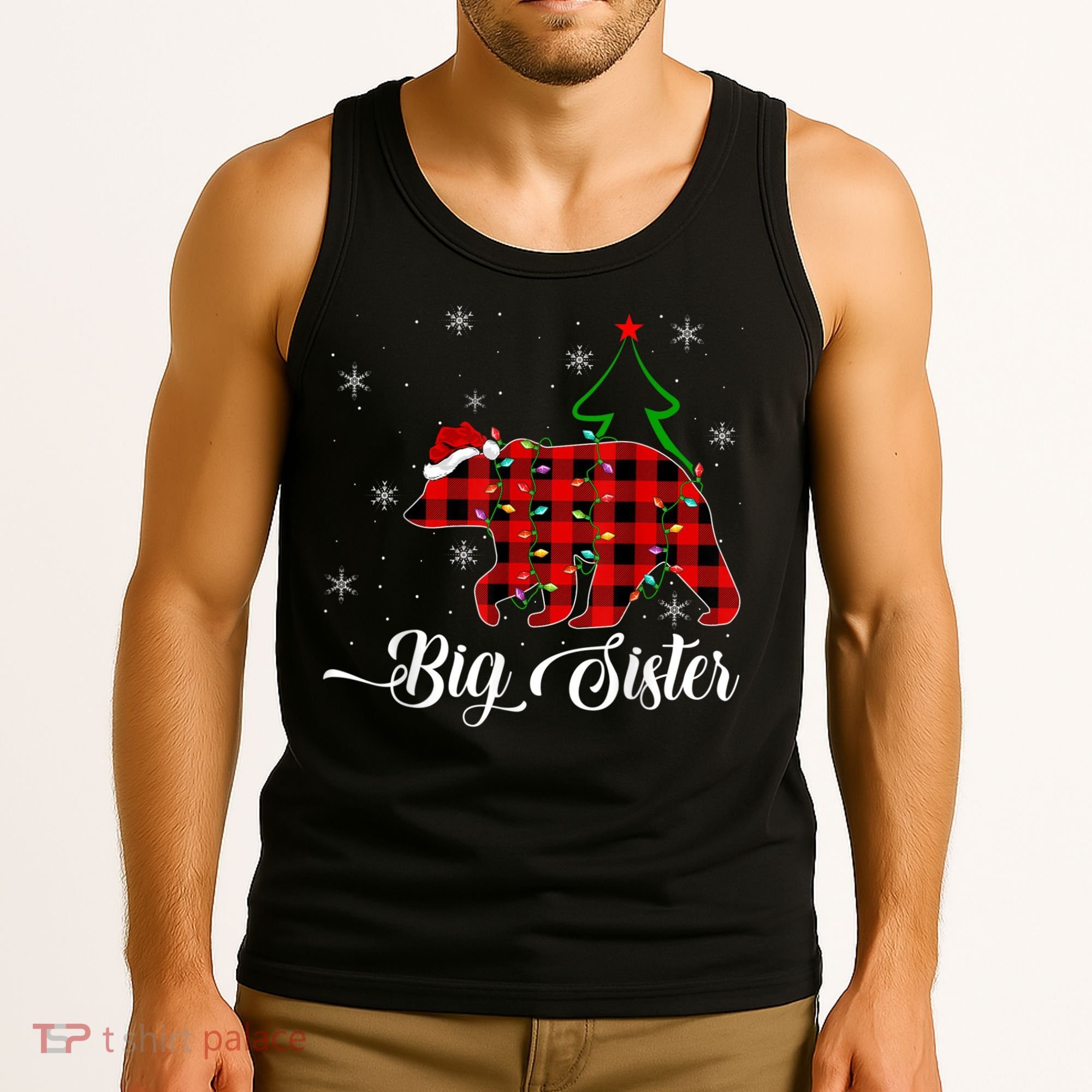Matching Buffalo Plaid Christmas BigSister Bear Pajama Tank Top
