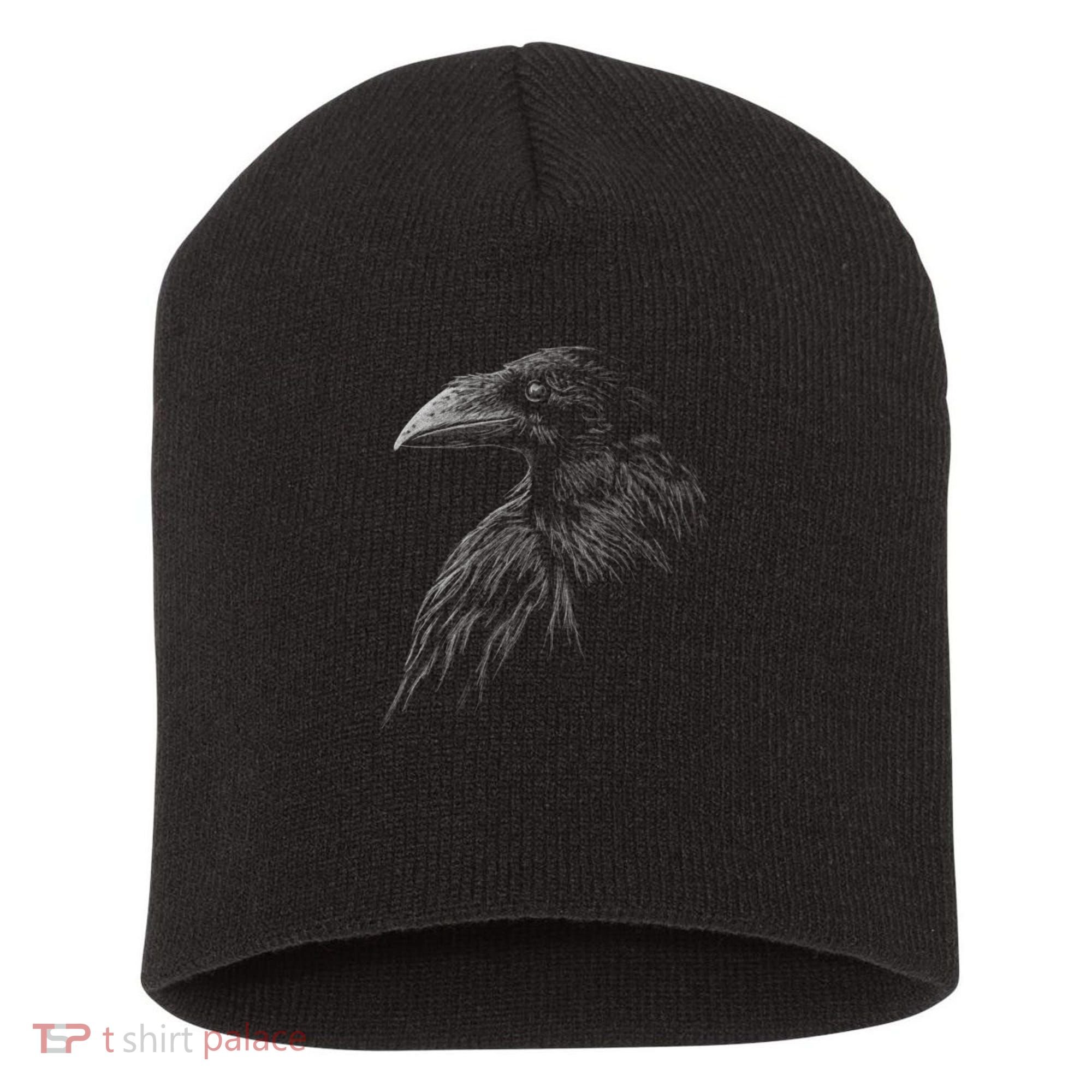 Mystical Black Raven Illustration Crow Artwork Short Acrylic Beanie
