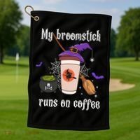 My Broomstick Runs On Coffee Gift Coffee Lover Halloween Gift Golf Towel thumb 1