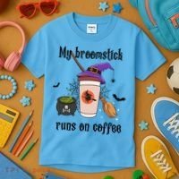 My Broomstick Runs On Coffee Gift Coffee Lover Halloween Meaningful Gift Kids T-Shirt thumb 3