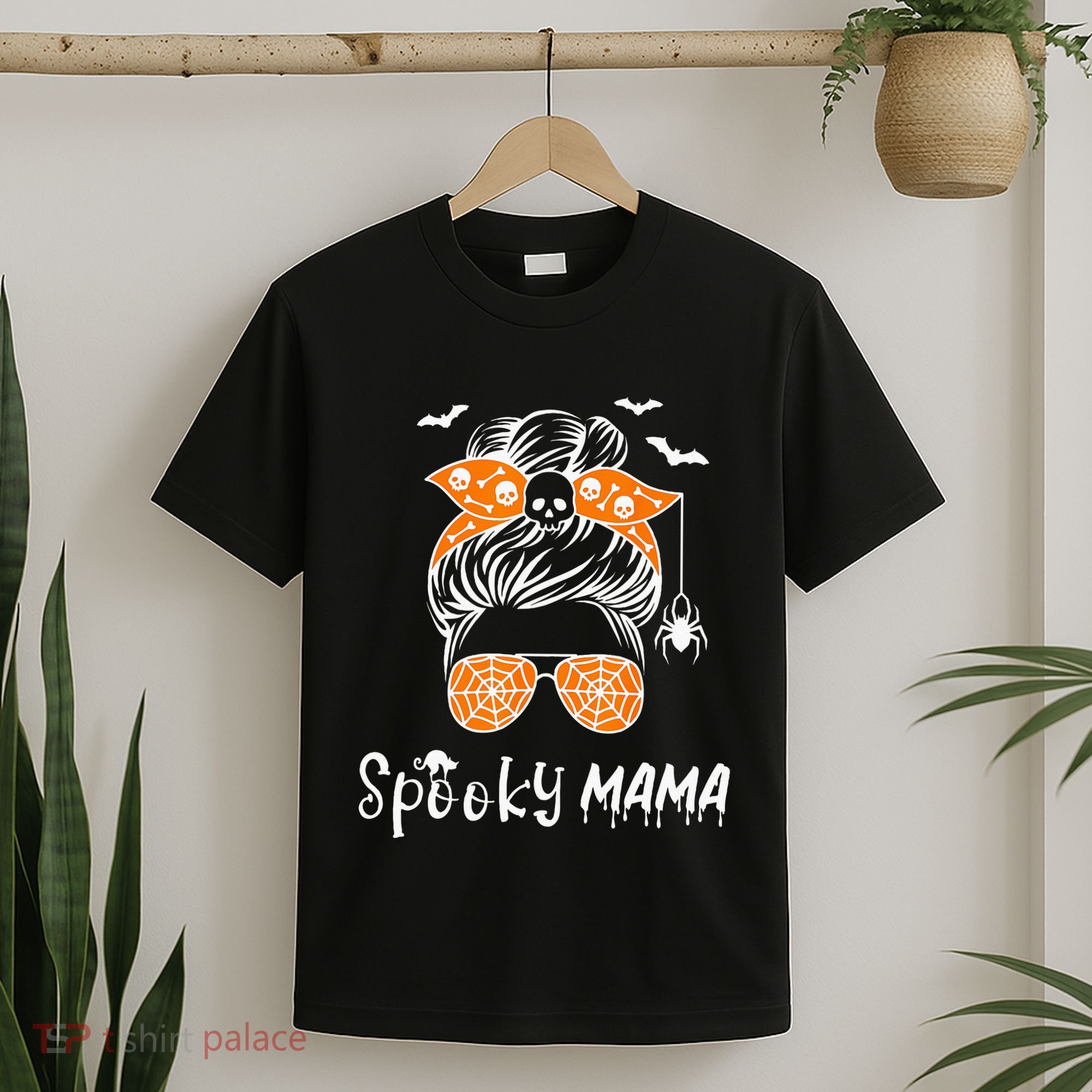 Messy Bun Spooky Mama Mom Funny Halloween Costume Skull T-Shirt