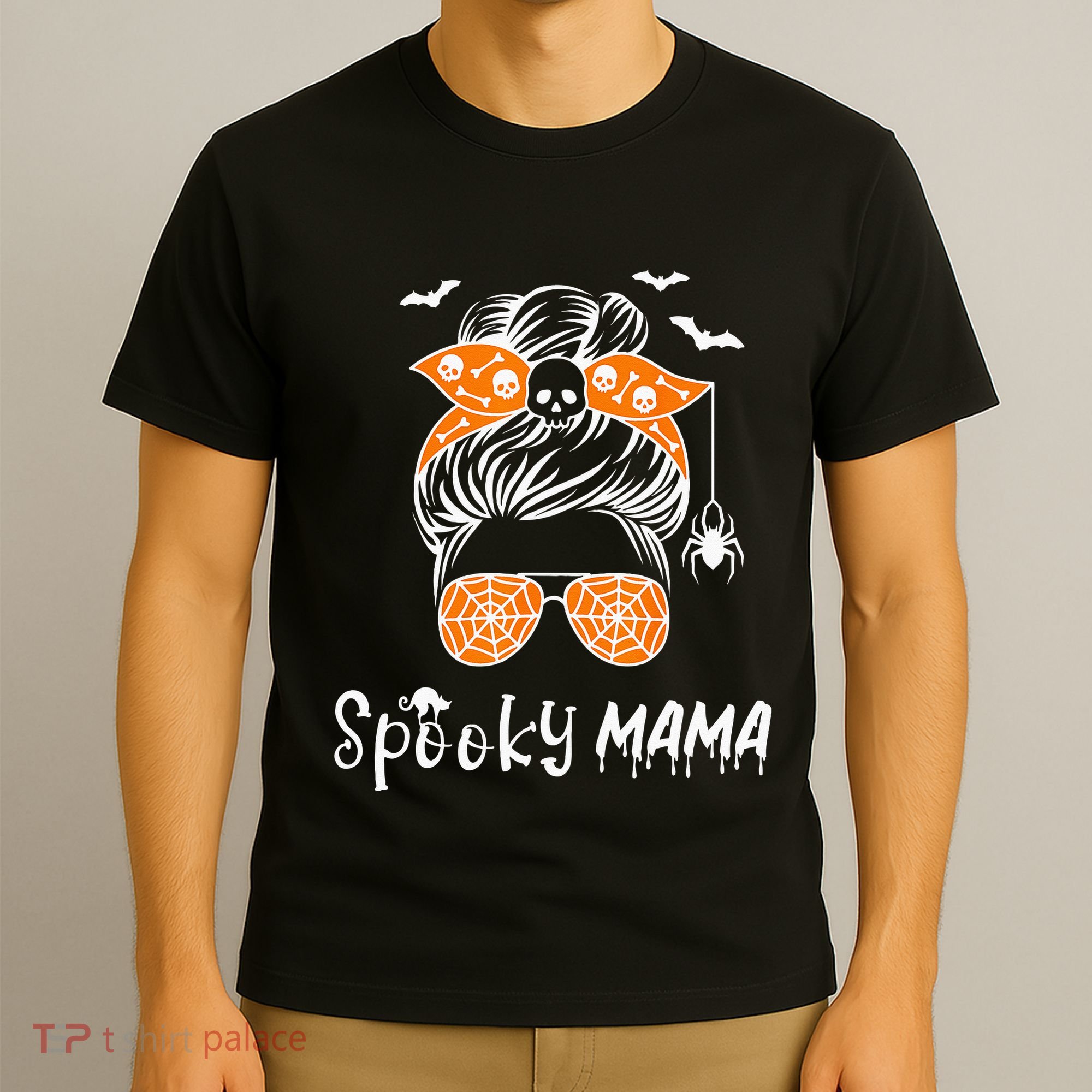 Messy Bun Spooky Mama Mom Funny Halloween Costume Skull T-Shirt