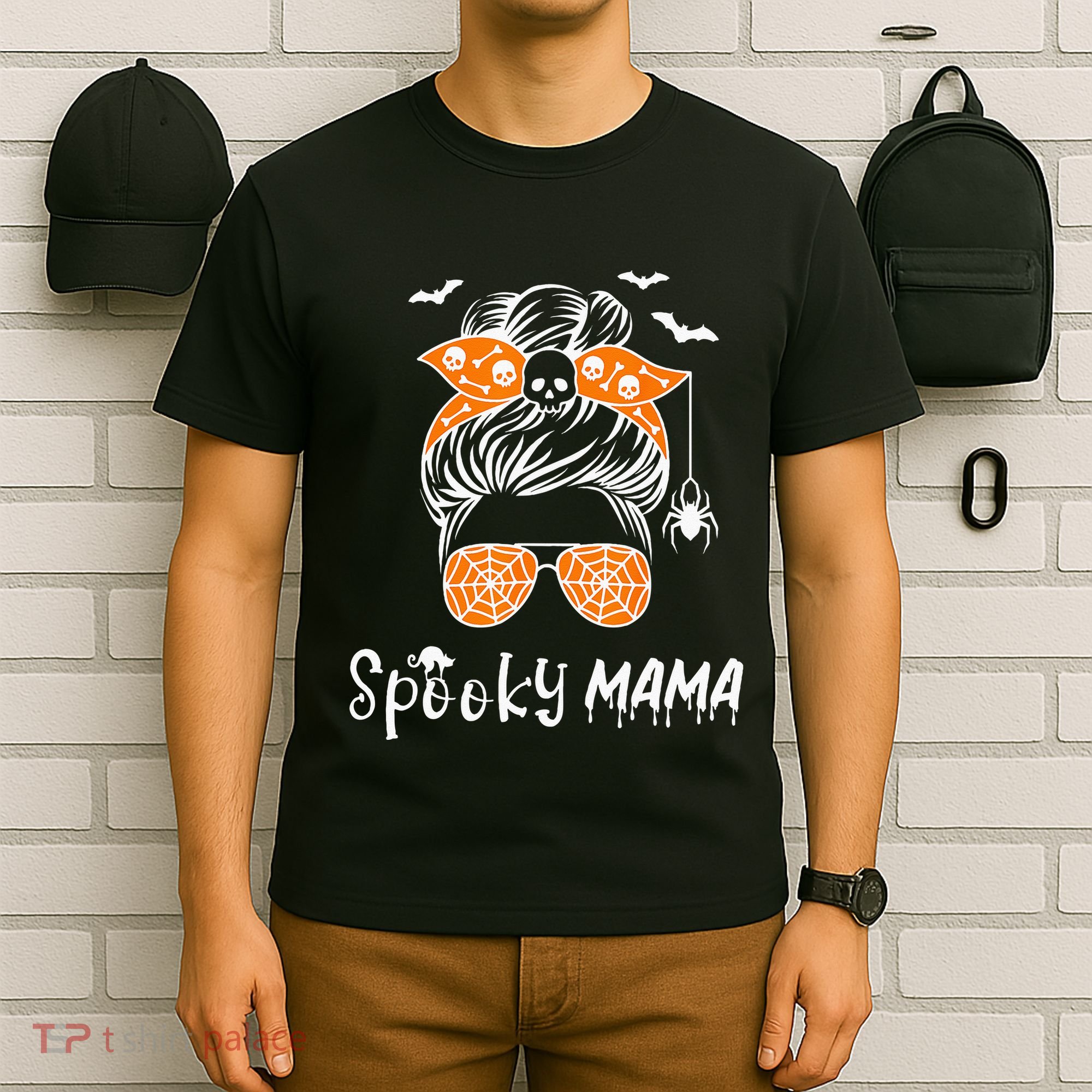 Messy Bun Spooky Mama Mom Funny Halloween Costume Skull T-Shirt