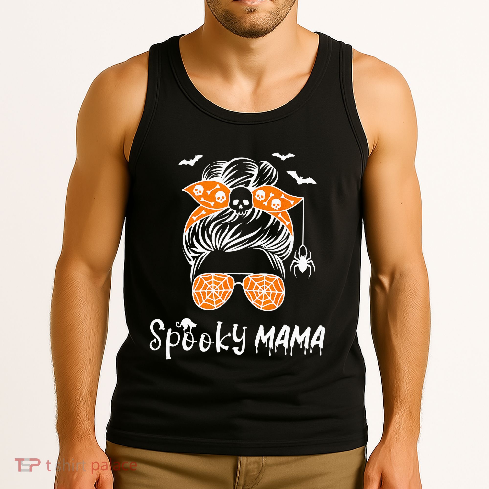 Messy Bun Spooky Mama Mom Funny Halloween Costume Skull Tank Top