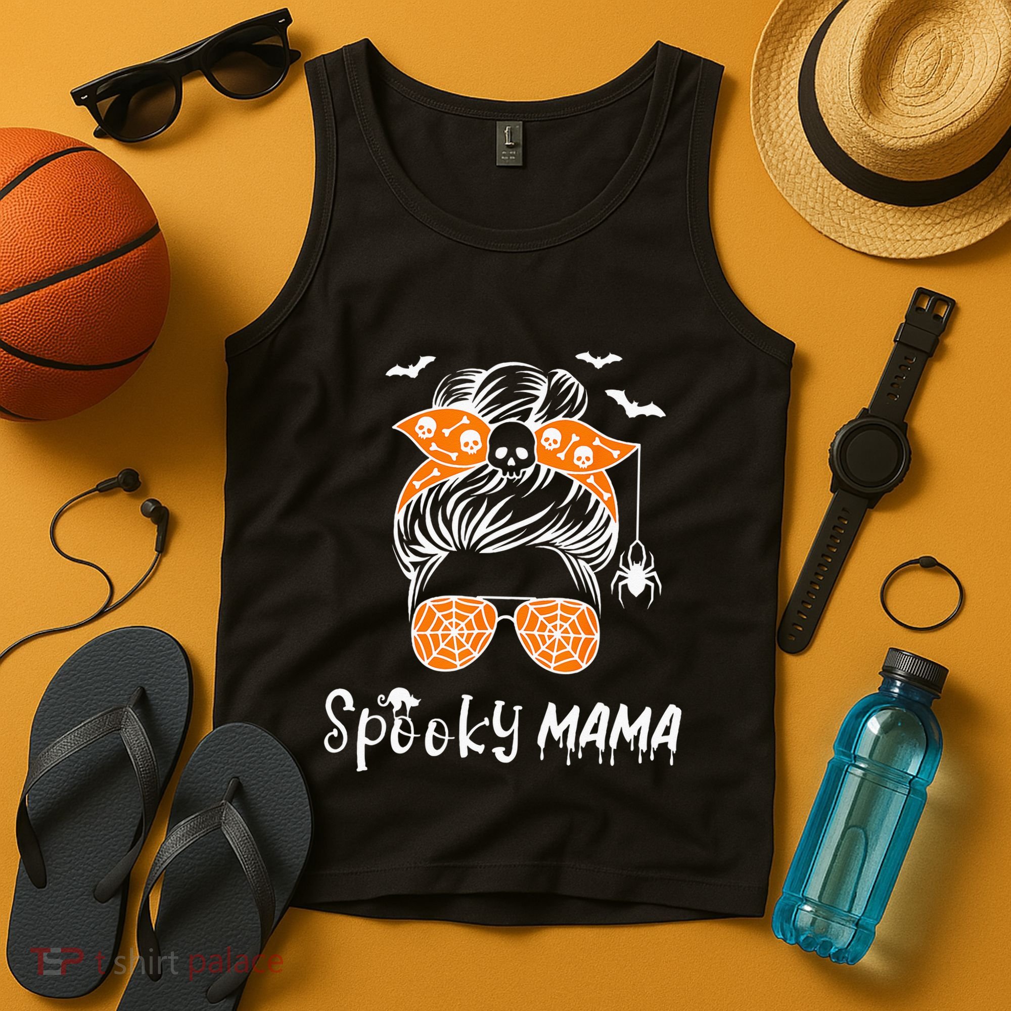 Messy Bun Spooky Mama Mom Funny Halloween Costume Skull Tank Top