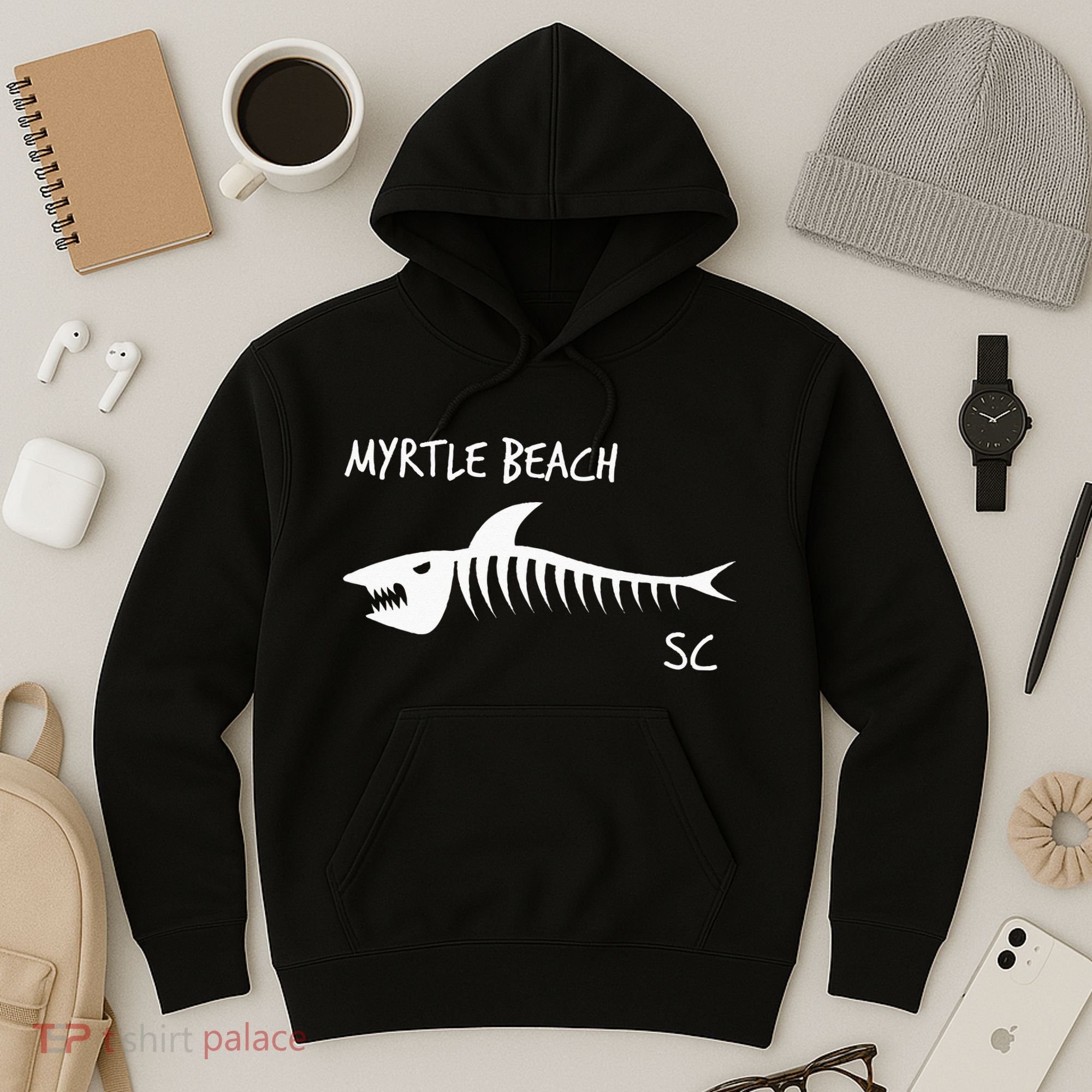 Myrtle Beach SC South Carolina Shark Skeleton White Print Hoodie