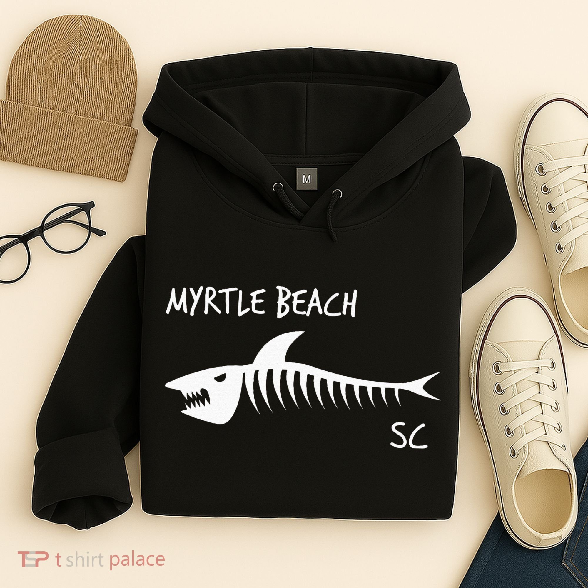 Myrtle Beach SC South Carolina Shark Skeleton White Print Hoodie