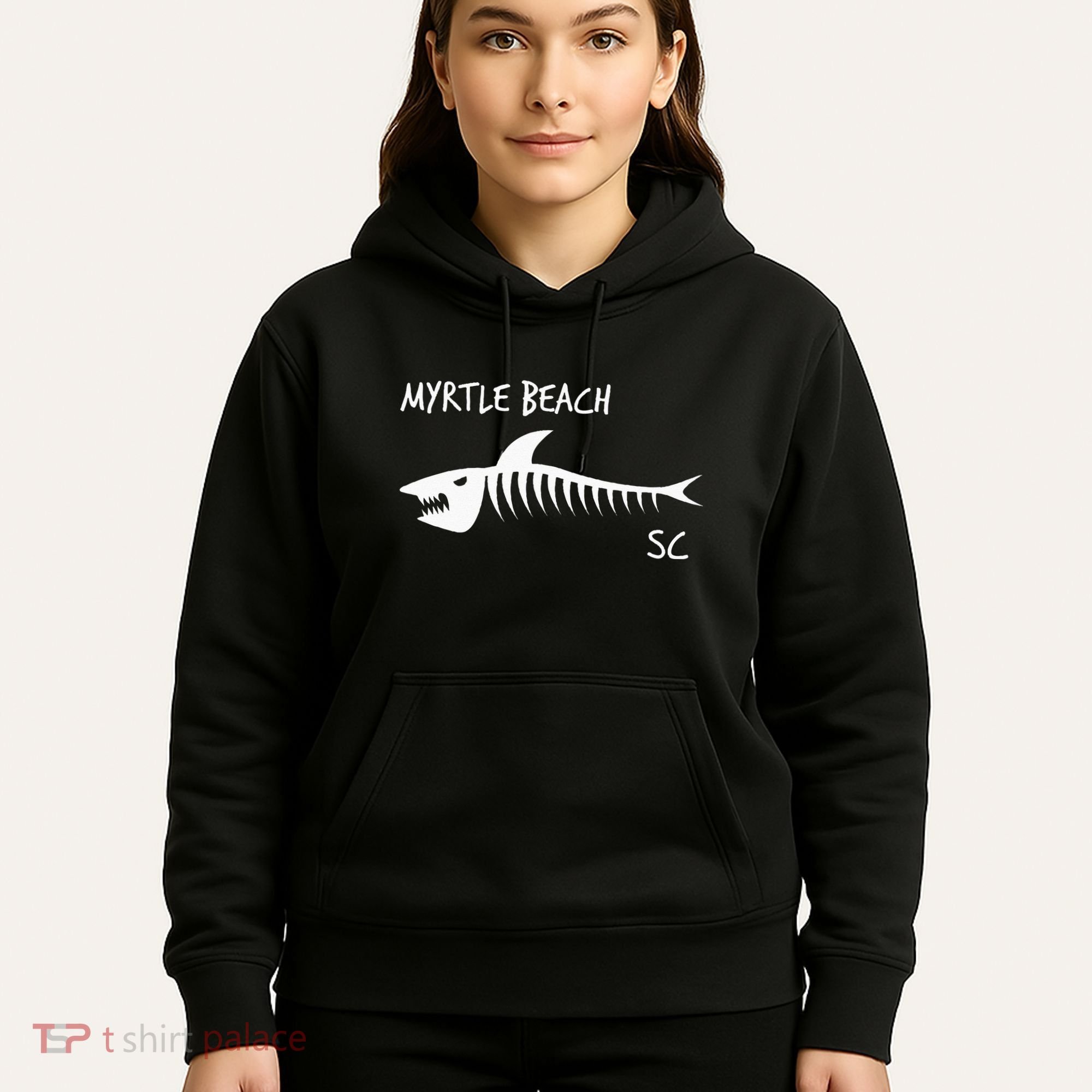 Myrtle Beach SC South Carolina Shark Skeleton White Print Hoodie