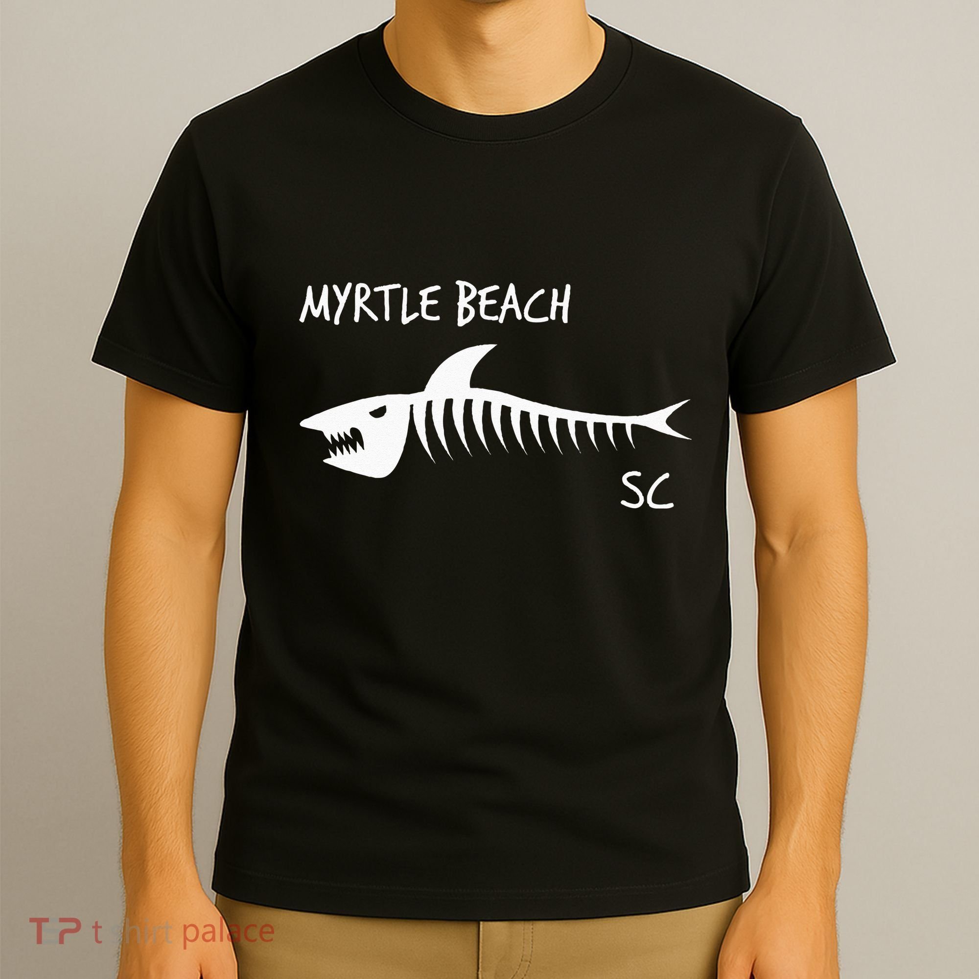 Myrtle Beach SC South Carolina Shark Skeleton White Print T-Shirt