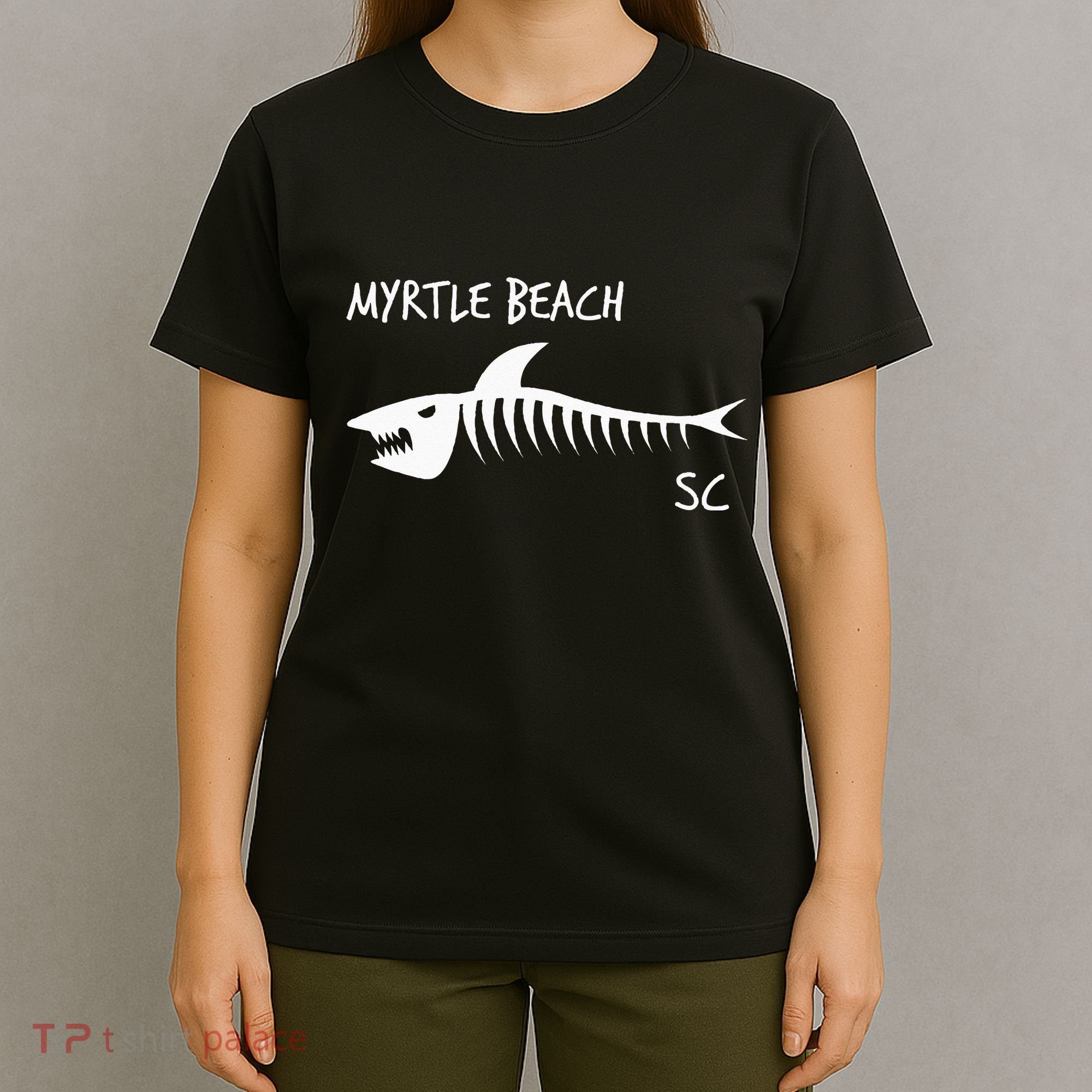 Myrtle Beach SC South Carolina Shark Skeleton White Print T-Shirt