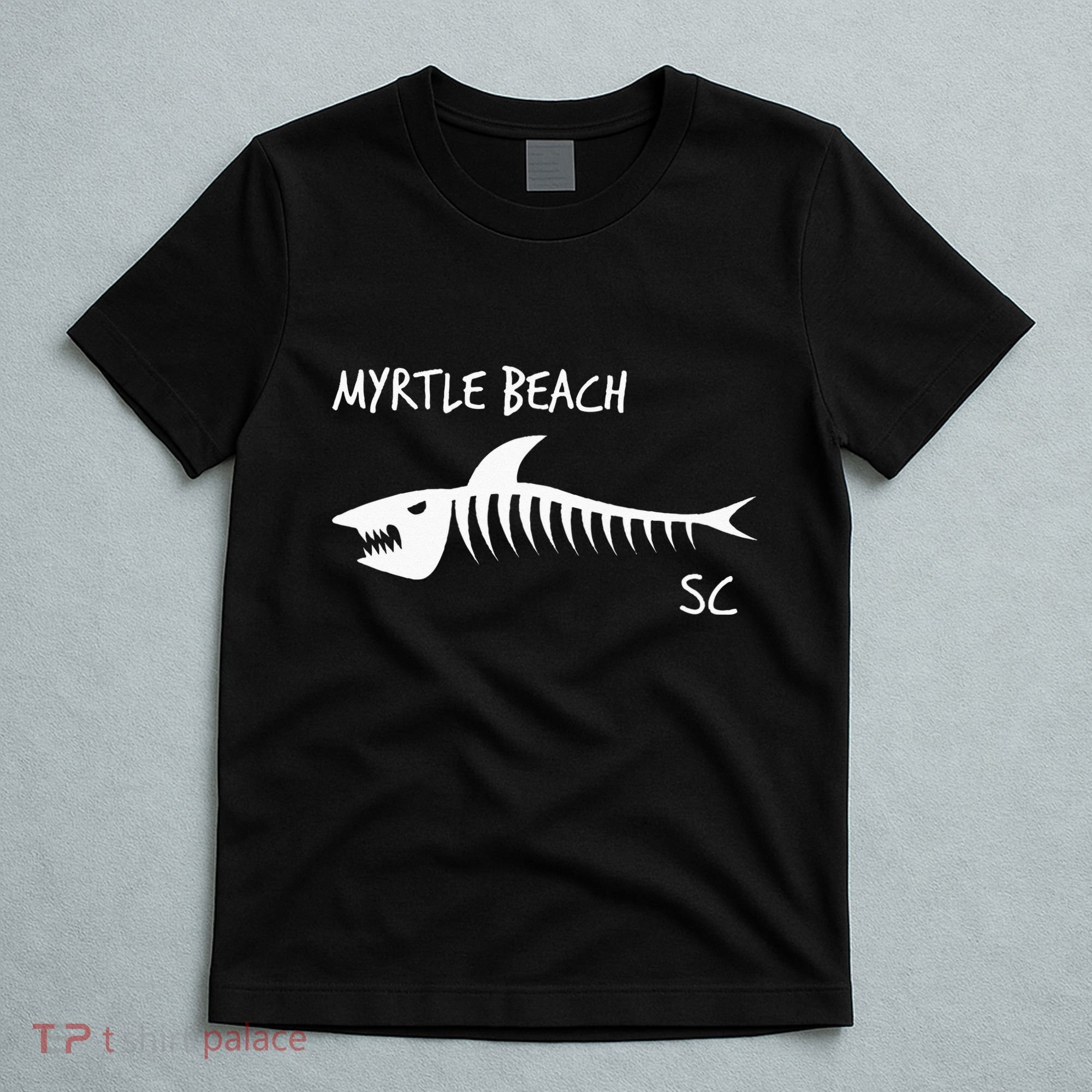 Myrtle Beach SC South Carolina Shark Skeleton White Print T-Shirt
