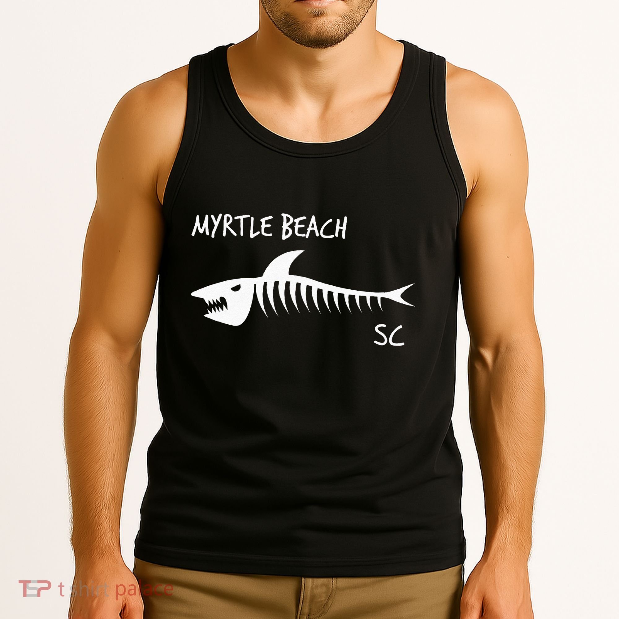 Myrtle Beach SC South Carolina Shark Skeleton White Print Tank Top