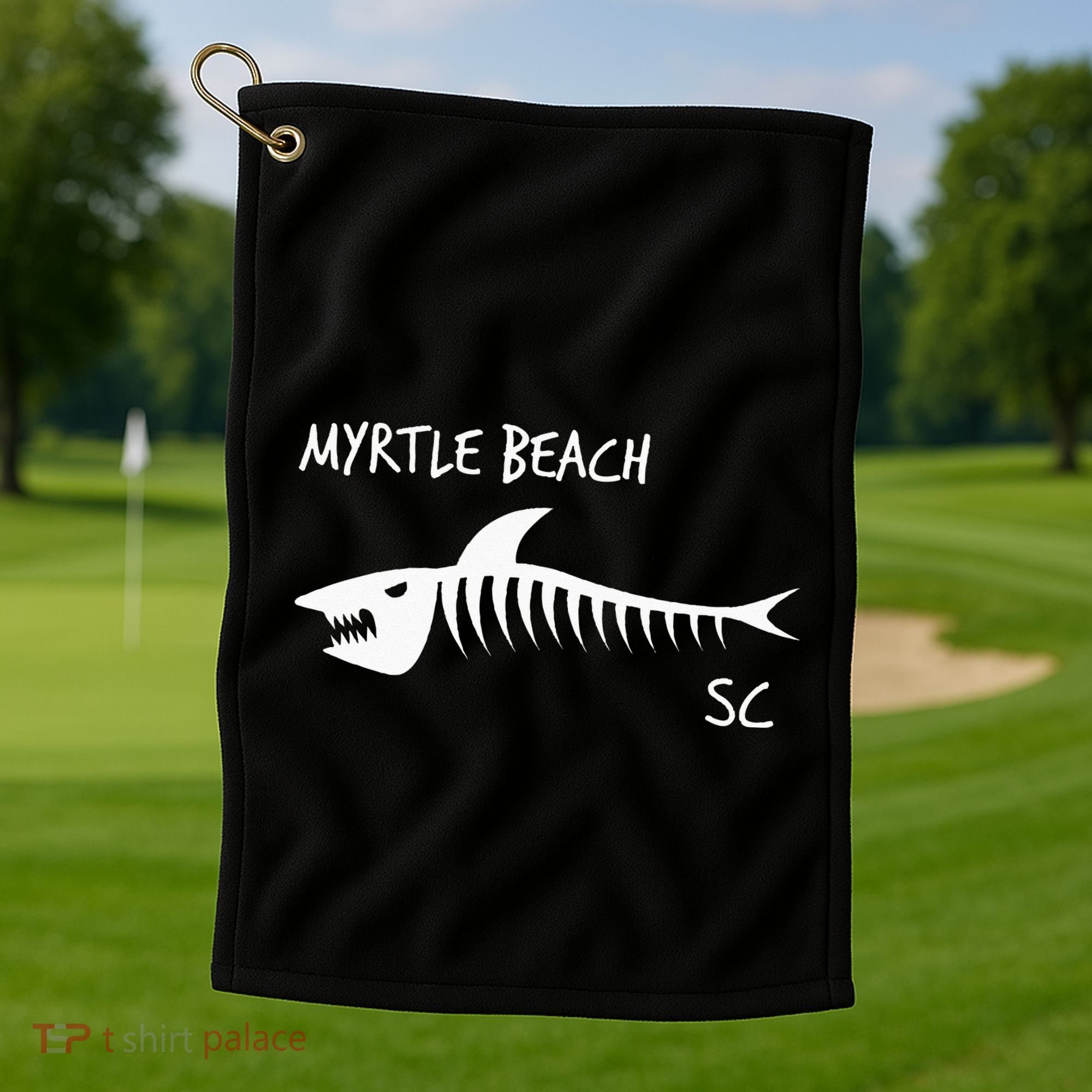 Myrtle Beach SC South Carolina Shark Skeleton White Print Golf Towel