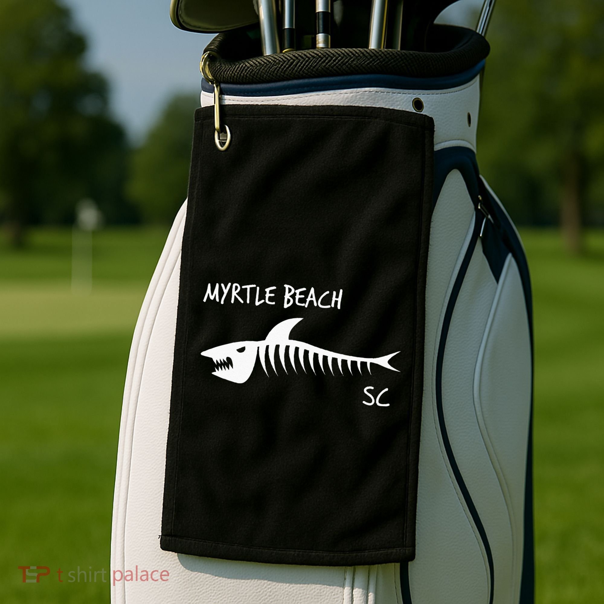 Myrtle Beach SC South Carolina Shark Skeleton White Print Golf Towel
