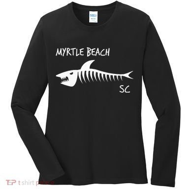 Myrtle Beach SC South Carolina Shark Skeleton White Print Women's Long Sleeve Shirt