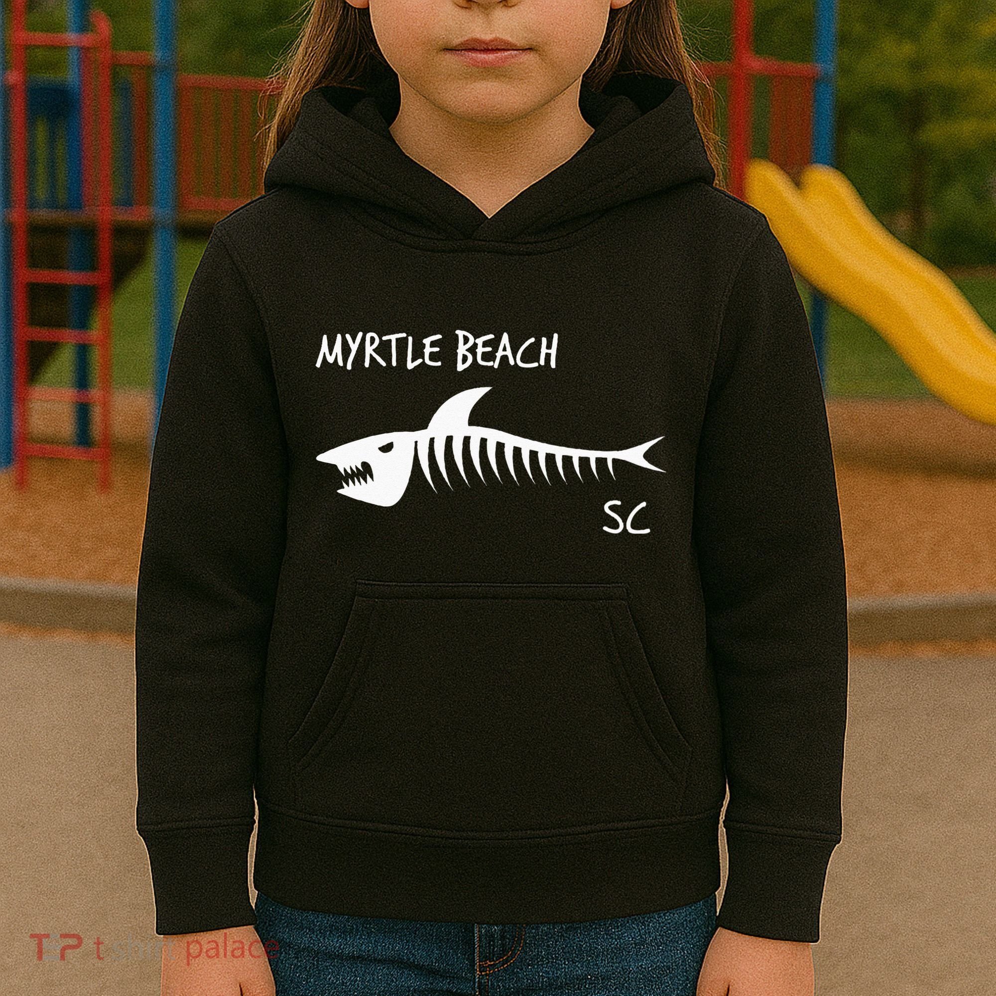 Myrtle Beach SC South Carolina Shark Skeleton White Print Kids Hoodie