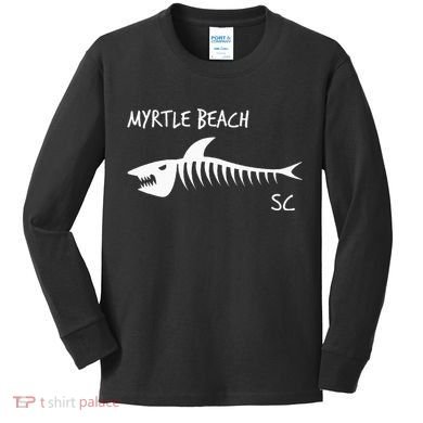 Myrtle Beach SC South Carolina Shark Skeleton White Print Kids Long Sleeve Shirt