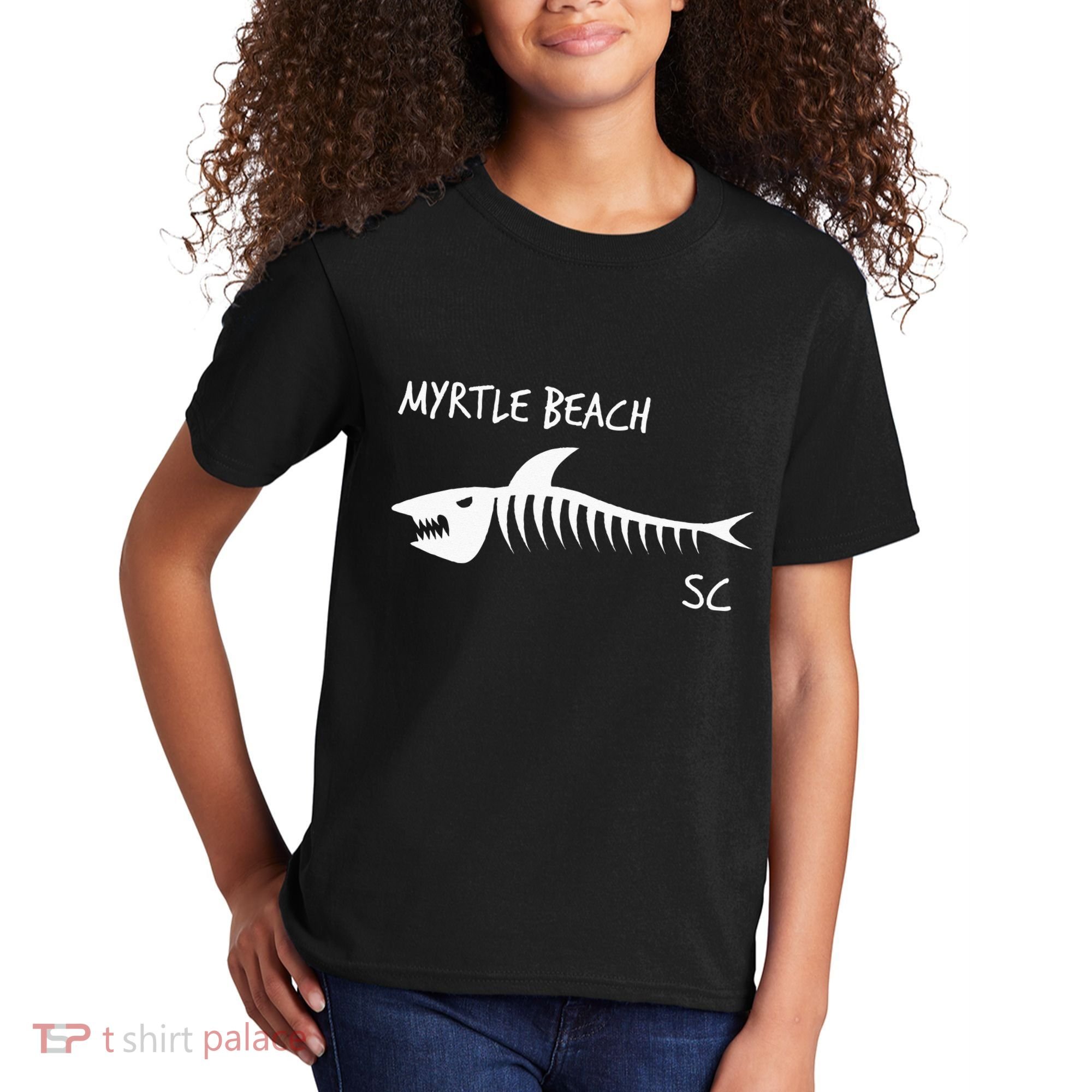 Myrtle Beach SC South Carolina Shark Skeleton White Print Kids T-Shirt