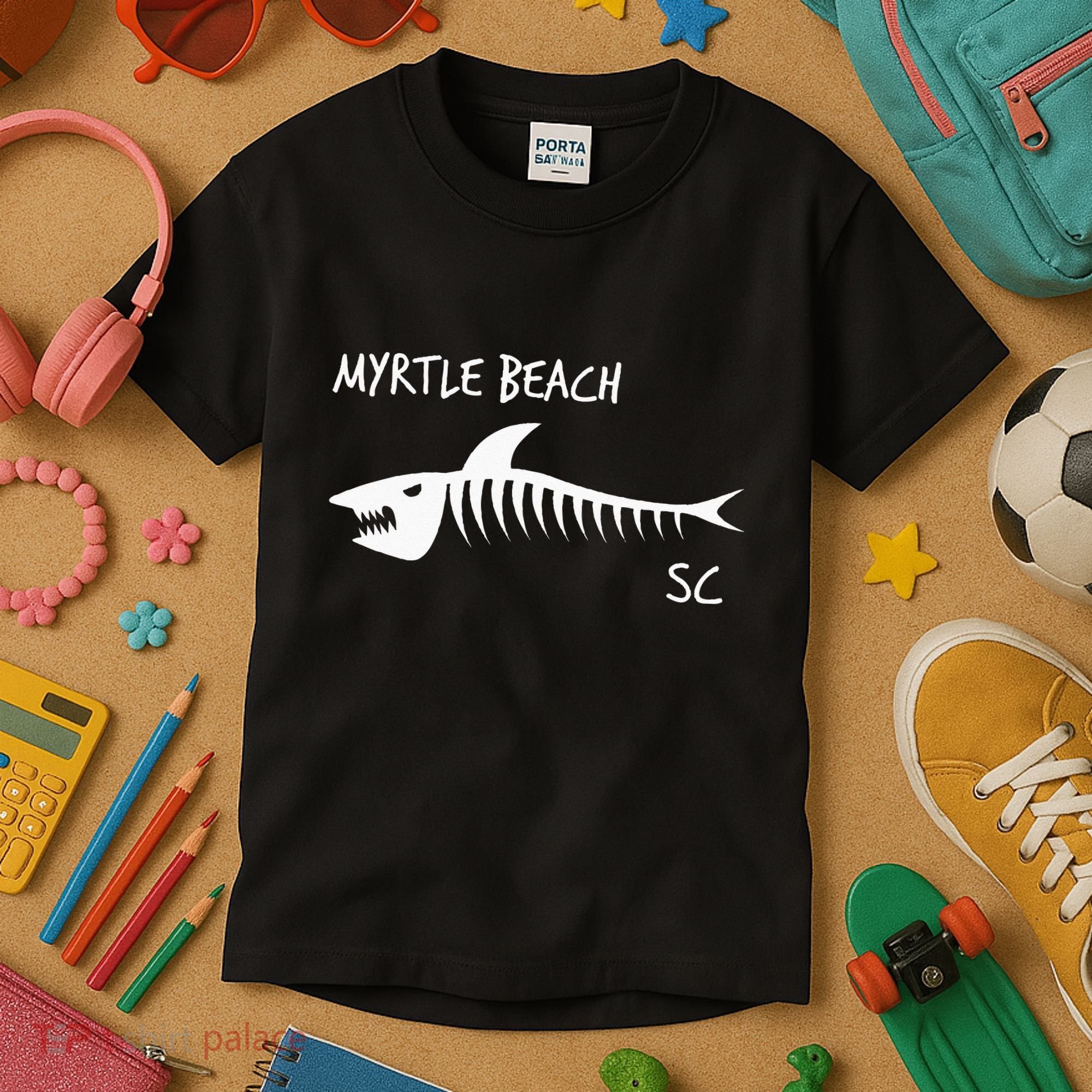 Myrtle Beach SC South Carolina Shark Skeleton White Print Kids T-Shirt