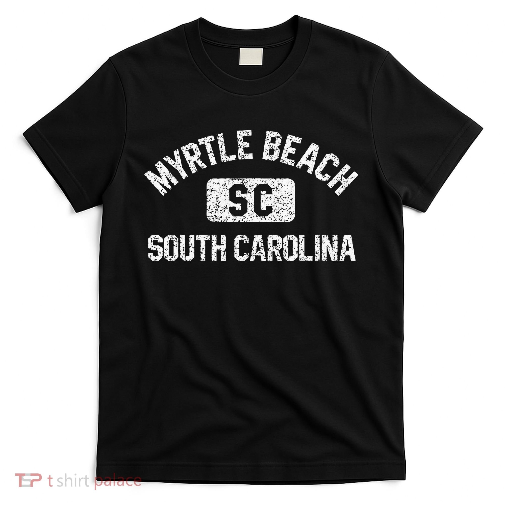 Myrtle Beach SC Gym Style Distressed White Print T-Shirt