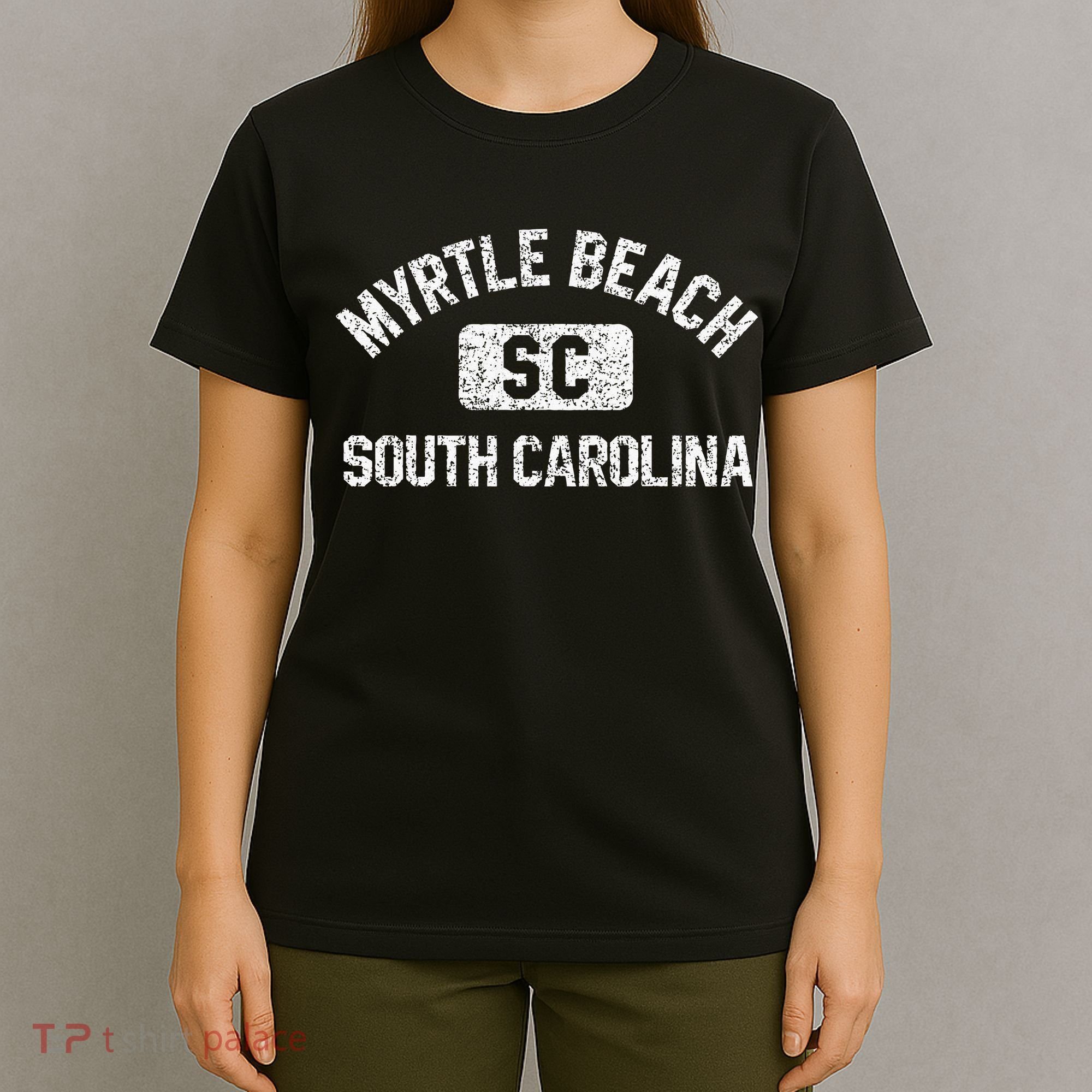 Myrtle Beach SC Gym Style Distressed White Print T-Shirt