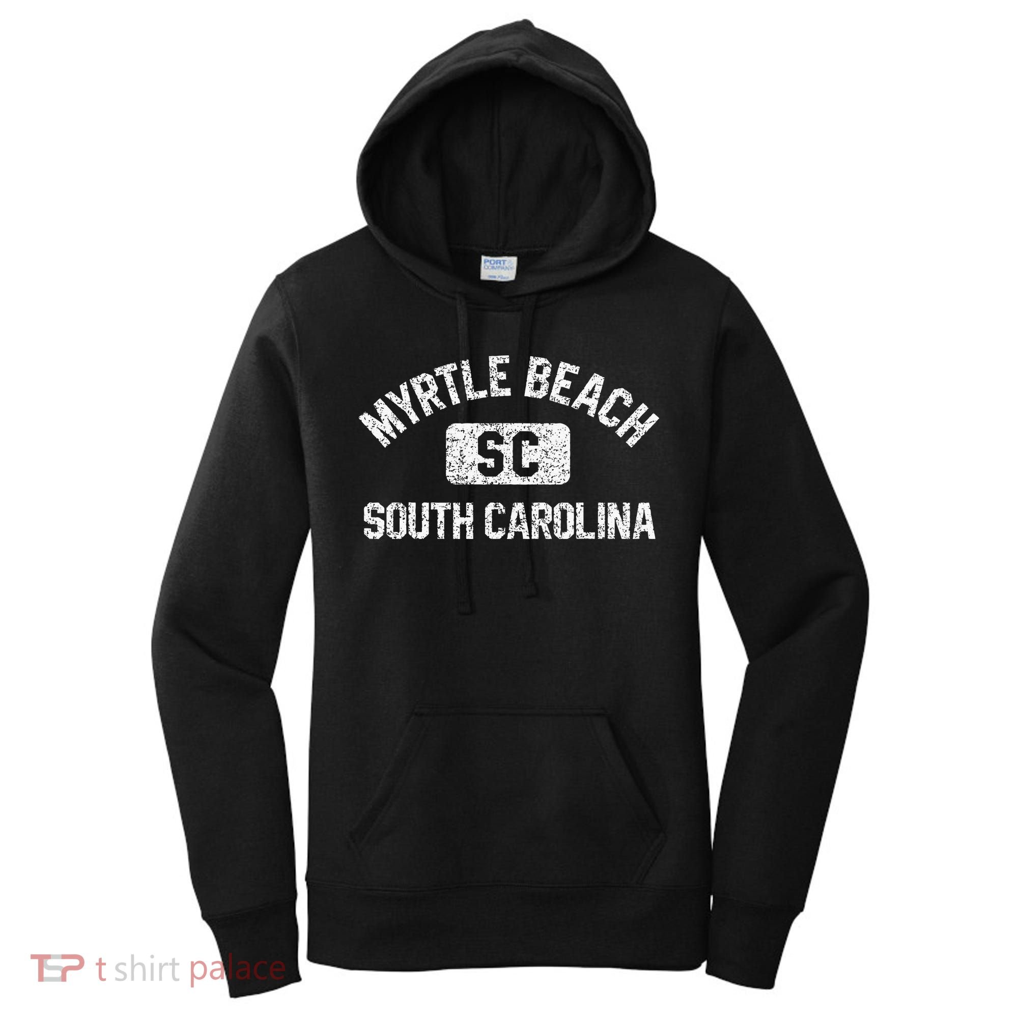 Myrtle Beach SC Gym Style Distressed White Print Women's Hoodie