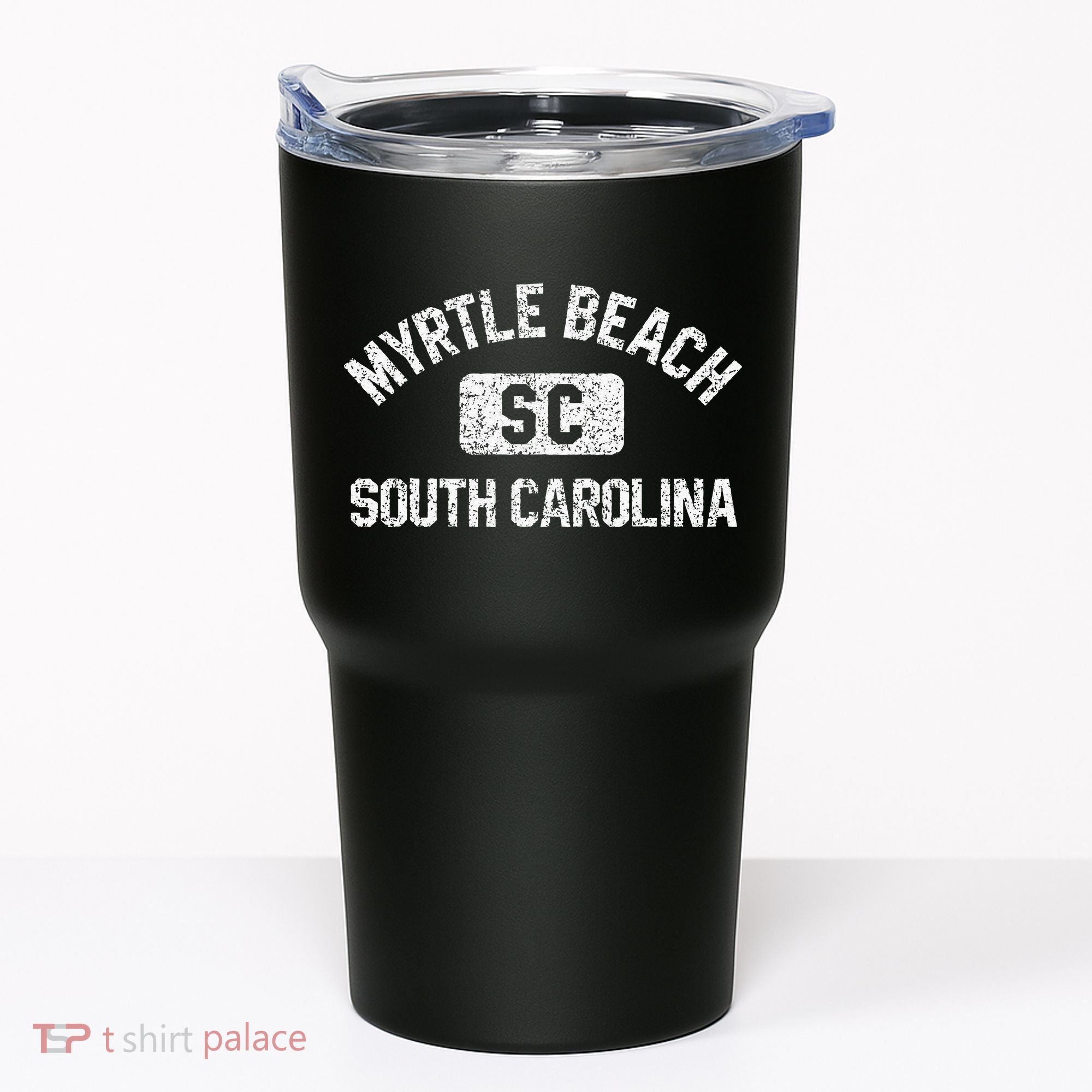 Myrtle Beach SC Gym Style Distressed White Print Tumbler