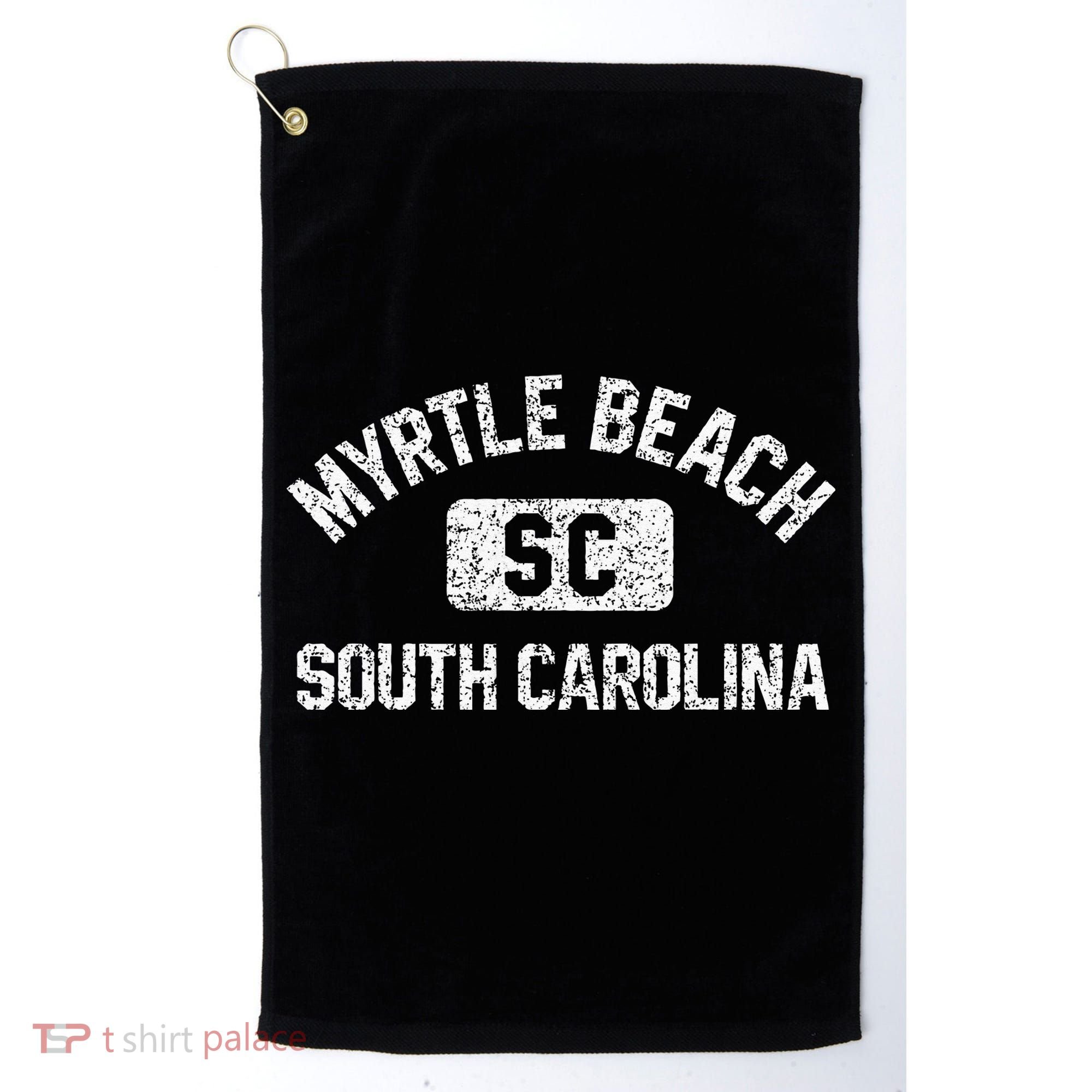 Myrtle Beach SC Gym Style Distressed White Print Golf Towel