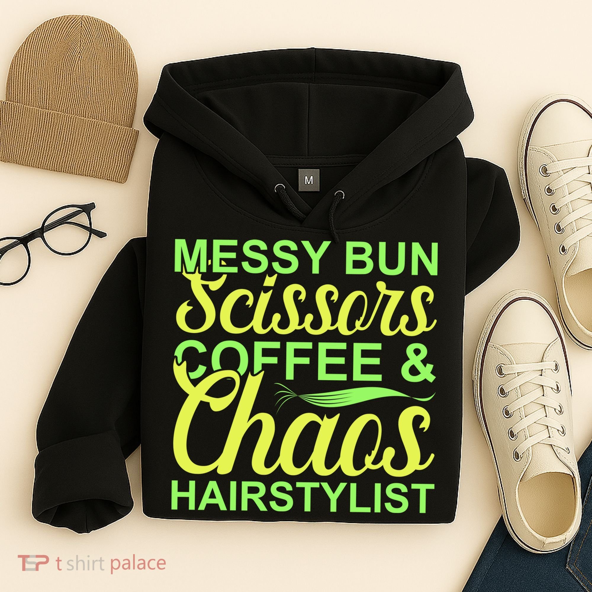 Messy Bun Scissors Coffee And Chaos Hairstylist Hoodie