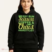 Messy Bun Scissors Coffee And Chaos Hairstylist Hoodie thumb 5