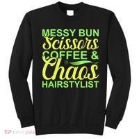 Messy Bun Scissors Coffee And Chaos Hairstylist Sweatshirt thumb 0