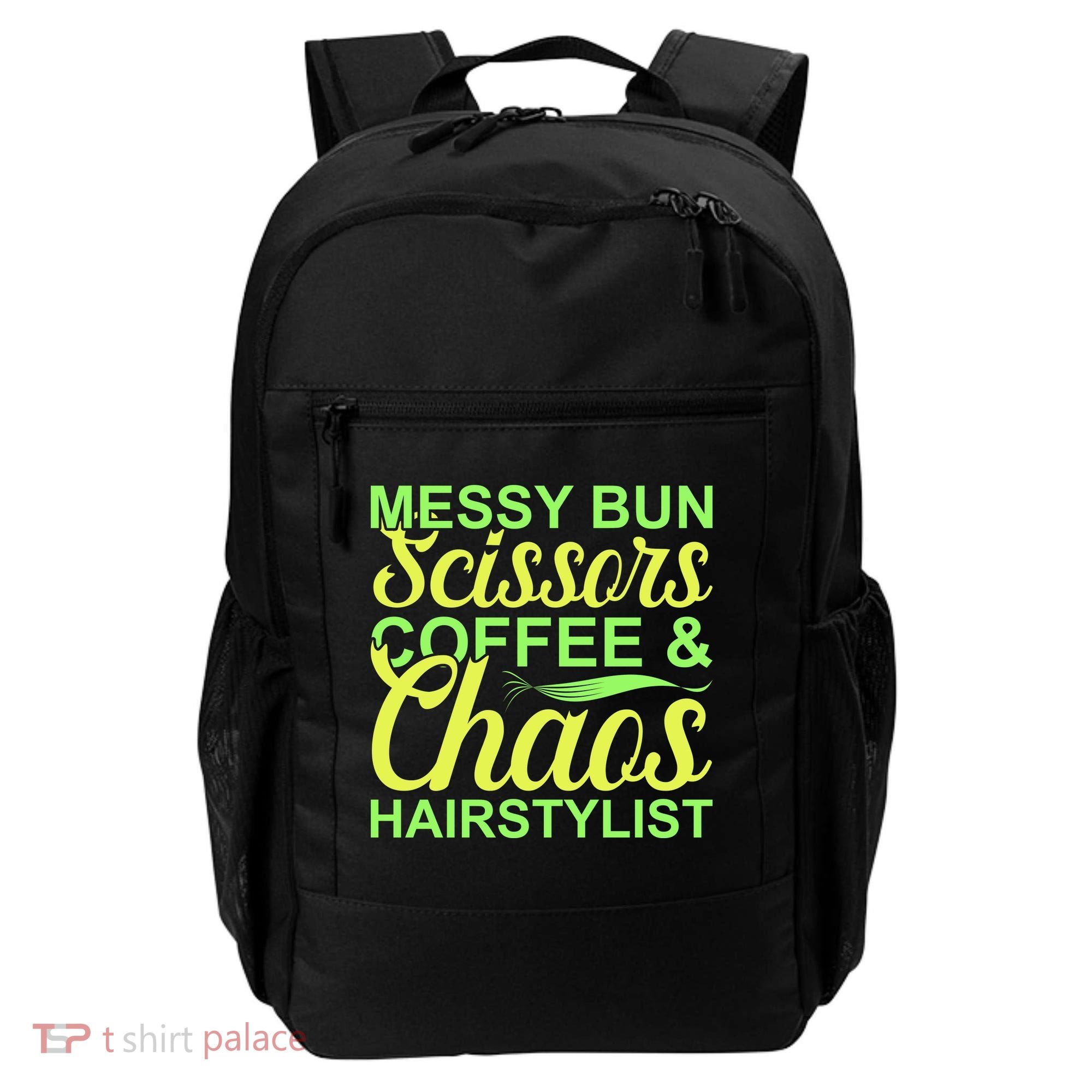 Messy Bun Scissors Coffee And Chaos Hairstylist Backpack