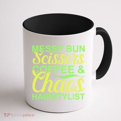Messy Bun Scissors Coffee And Chaos Hairstylist Coffee Mug back