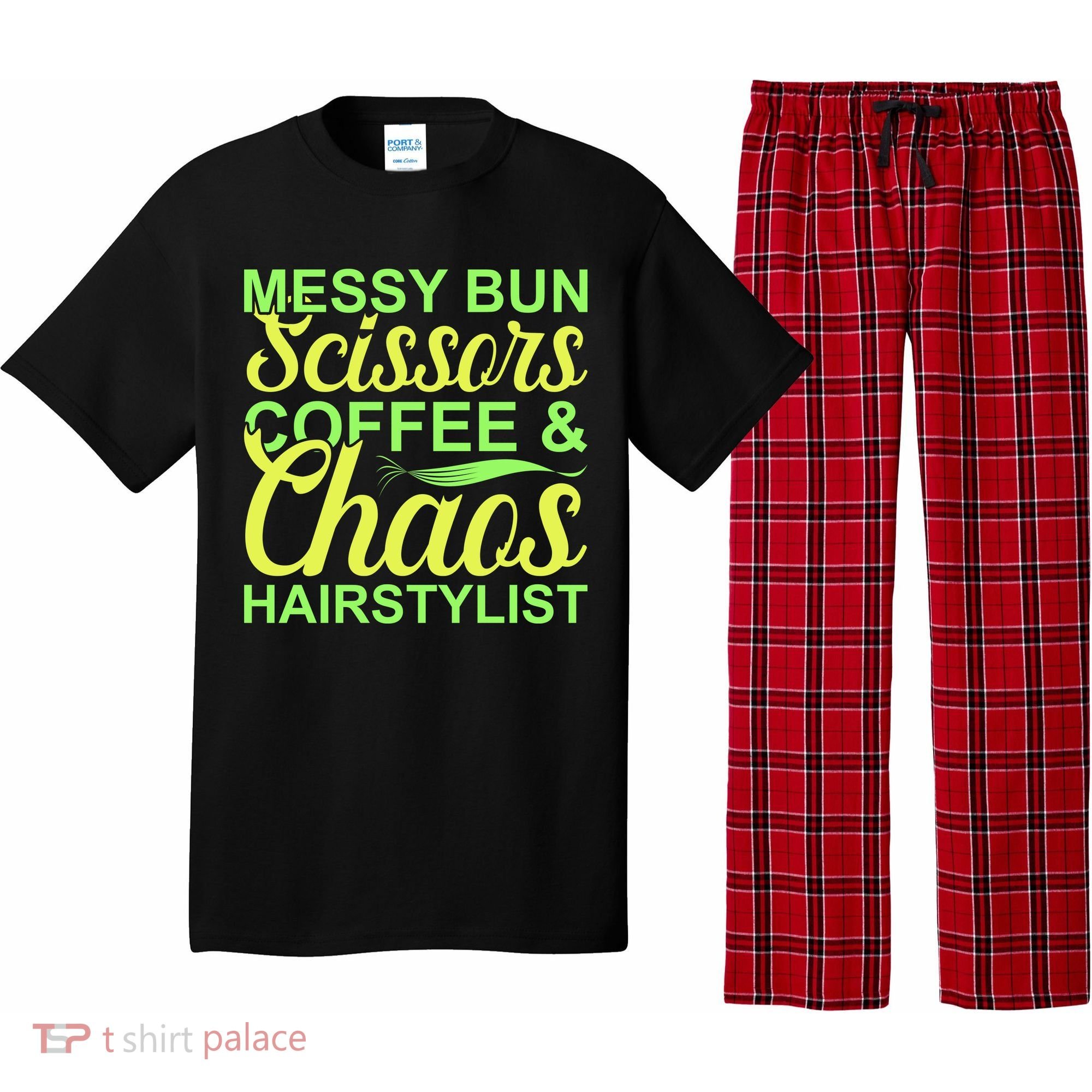 Messy Bun Scissors Coffee And Chaos Hairstylist Pajama Set