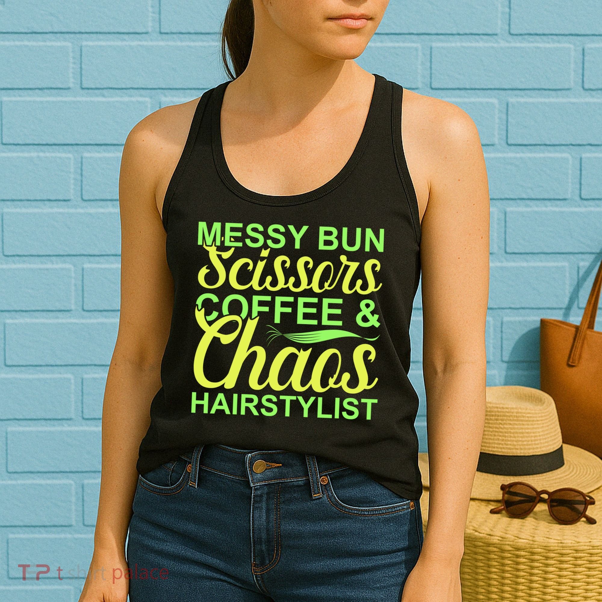Messy Bun Scissors Coffee And Chaos Hairstylist Women's Tank Top
