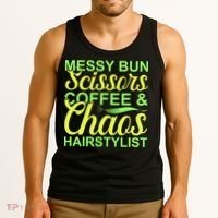 Messy Bun Scissors Coffee And Chaos Hairstylist Tank Top thumb 3