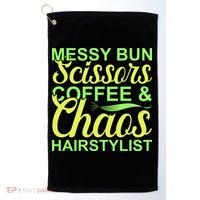 Messy Bun Scissors Coffee And Chaos Hairstylist Golf Towel thumb 0